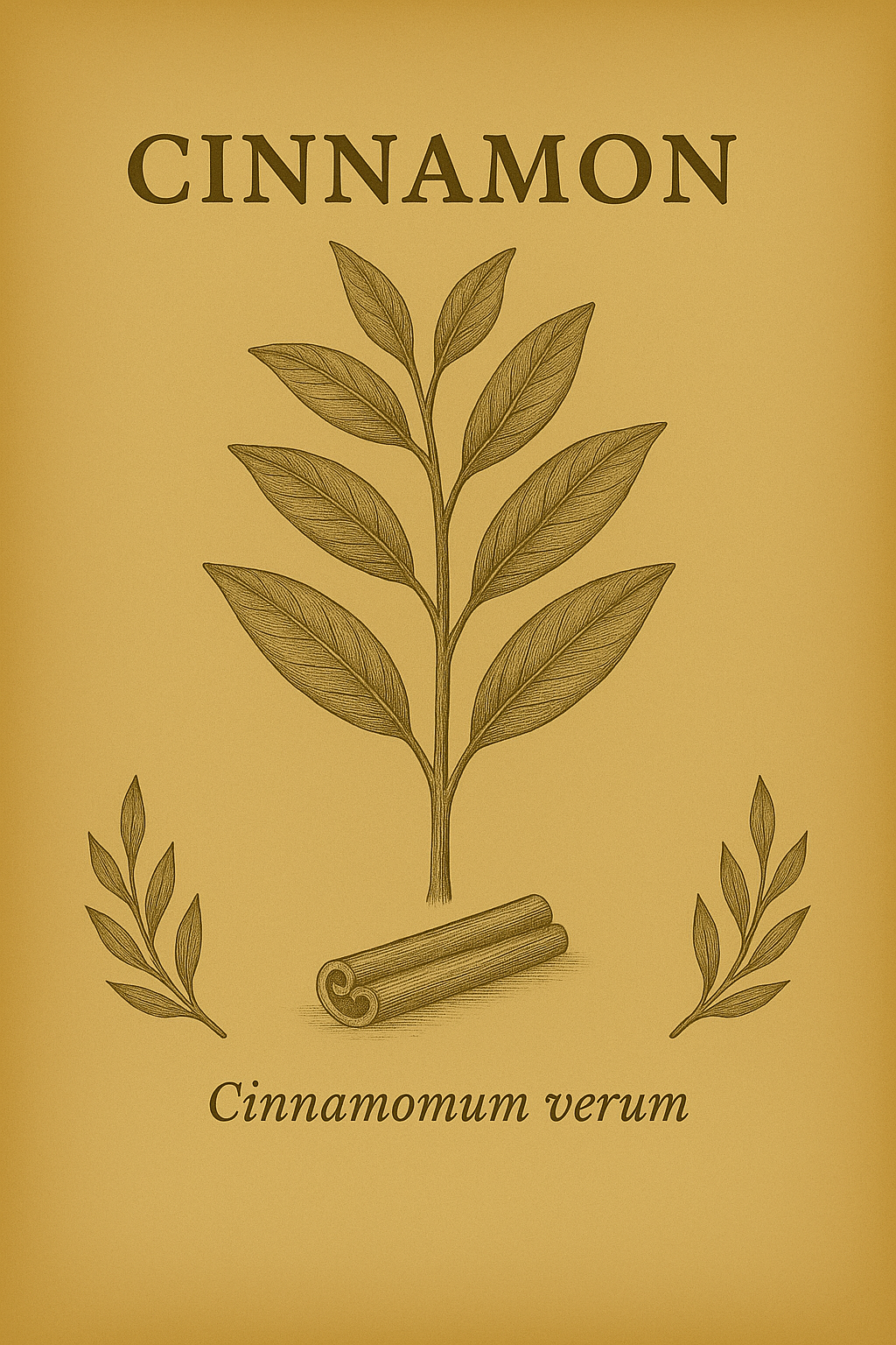 A yellow package with a drawing of a cinnamon branch with leaves, a cinnamon stick, the word 'CINNAMON' at the top, and the scientific name 'Cinnamomum verum' at the bottom.
