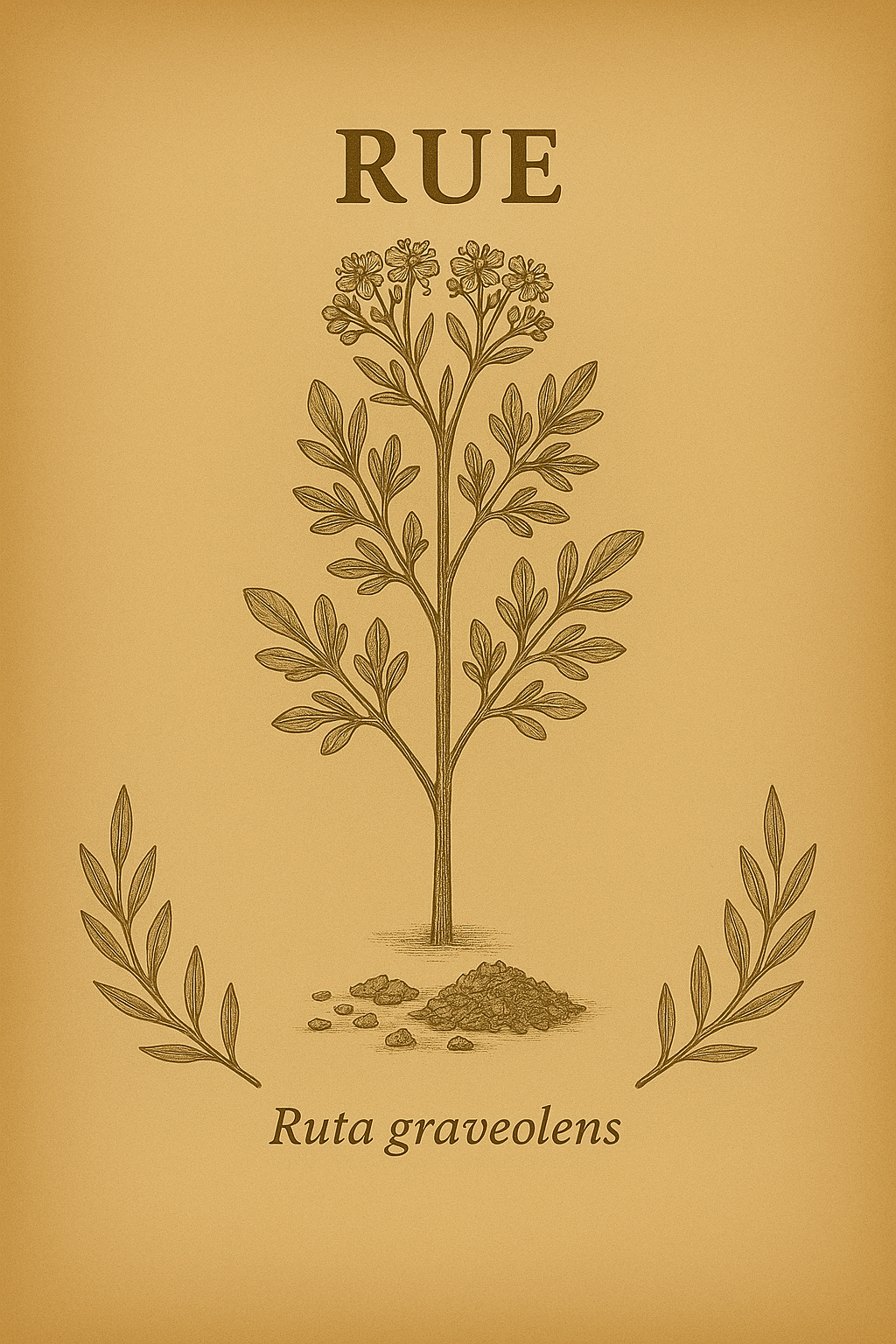 Illustration of a plant with the word 'RUE' at the top and 'Ruta graveolens' at the bottom, with decorative leaves on either side.