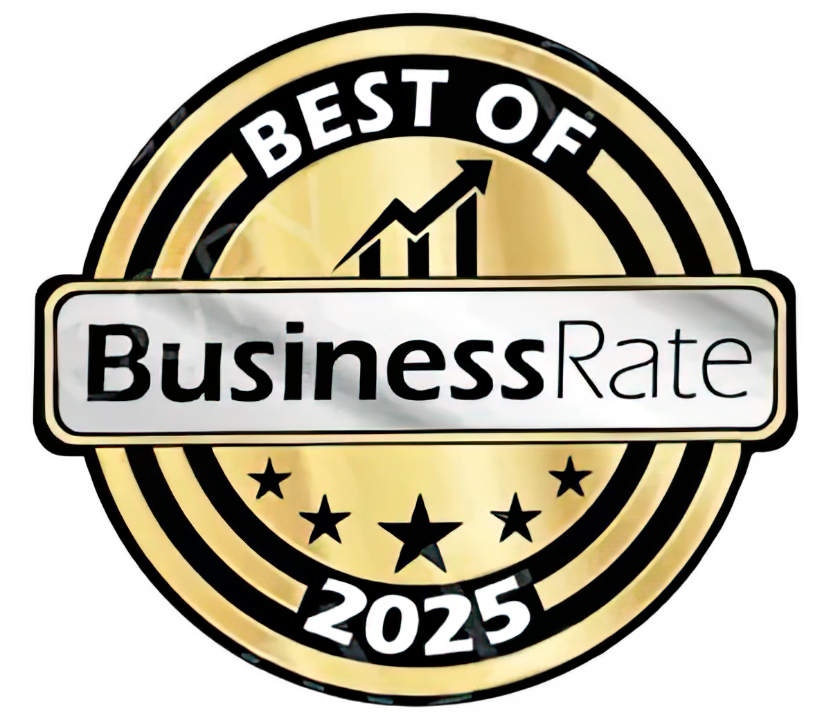 Gold-colored badge with the text "Best of Business Rate 2025" featuring a rising arrow graph and stars, on a black background.