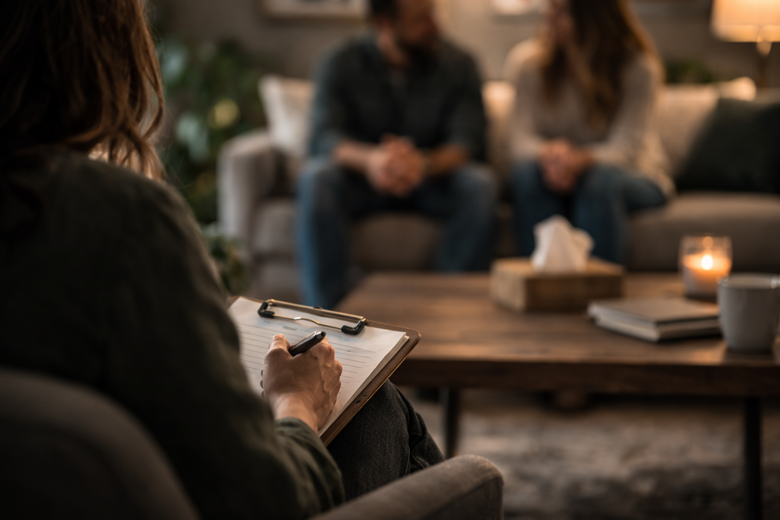 A woman taking notes on a clipboard during a therapy session with two people sitting on a couch in the background, in a cozy room with soft lighting.