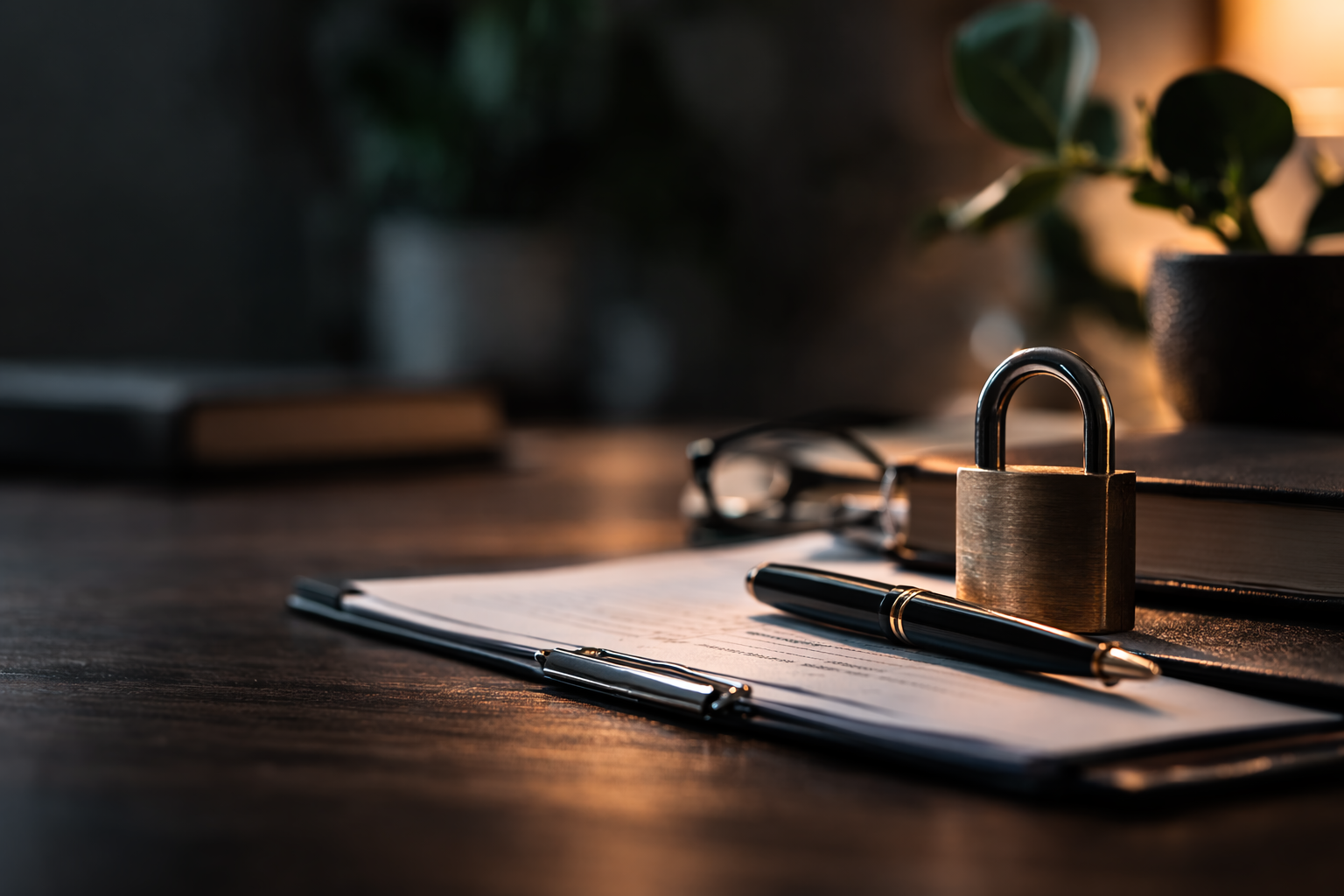 Desk with a clipboard, pen, padlock, glasses, a closed notebook, and plants in the background, illuminated by soft warm light.
