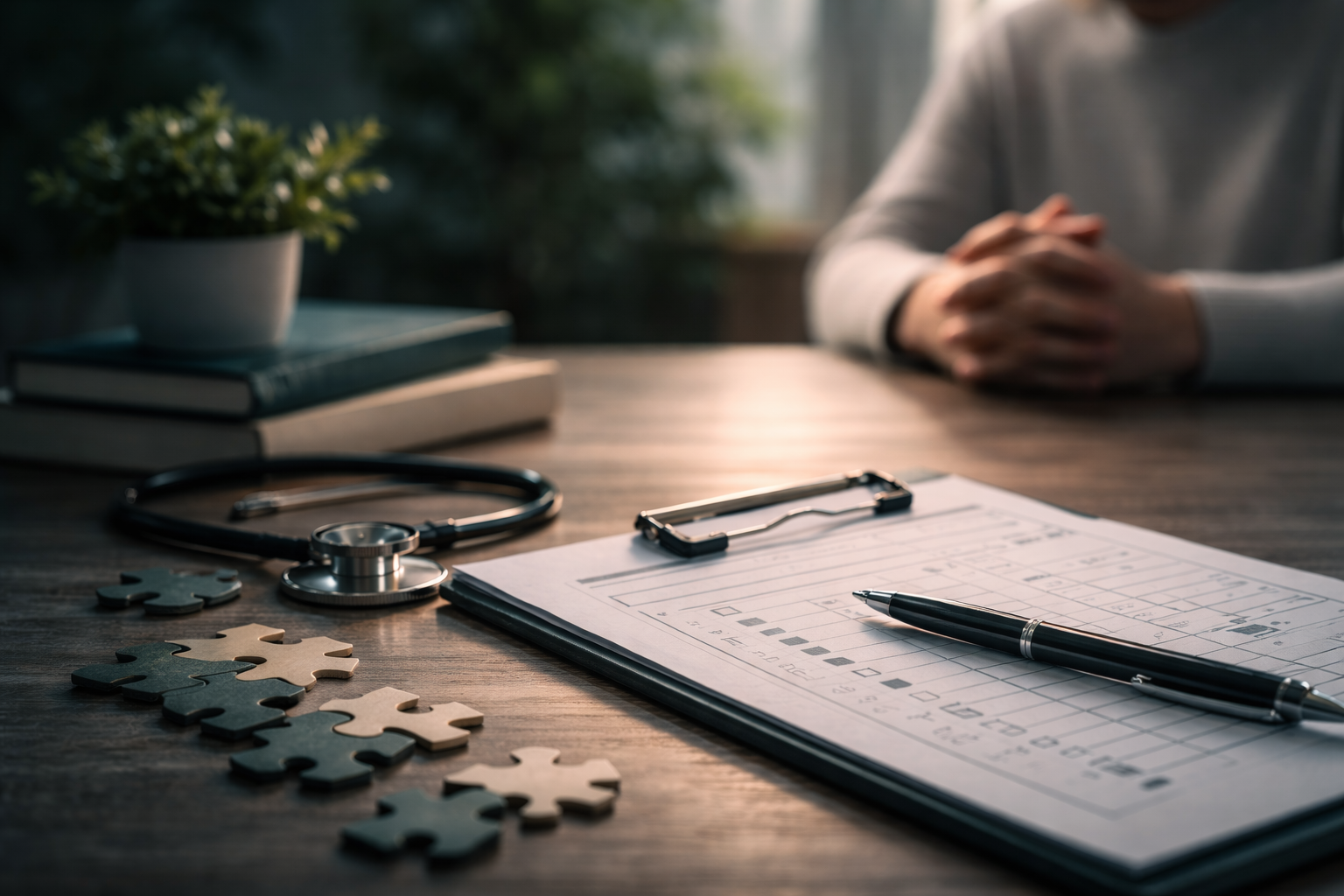 Medical consultation scene with a stethoscope, puzzle pieces, a clipboard with a medical chart, pen, books, and a potted plant on a wooden table, with a person sitting in the background.
