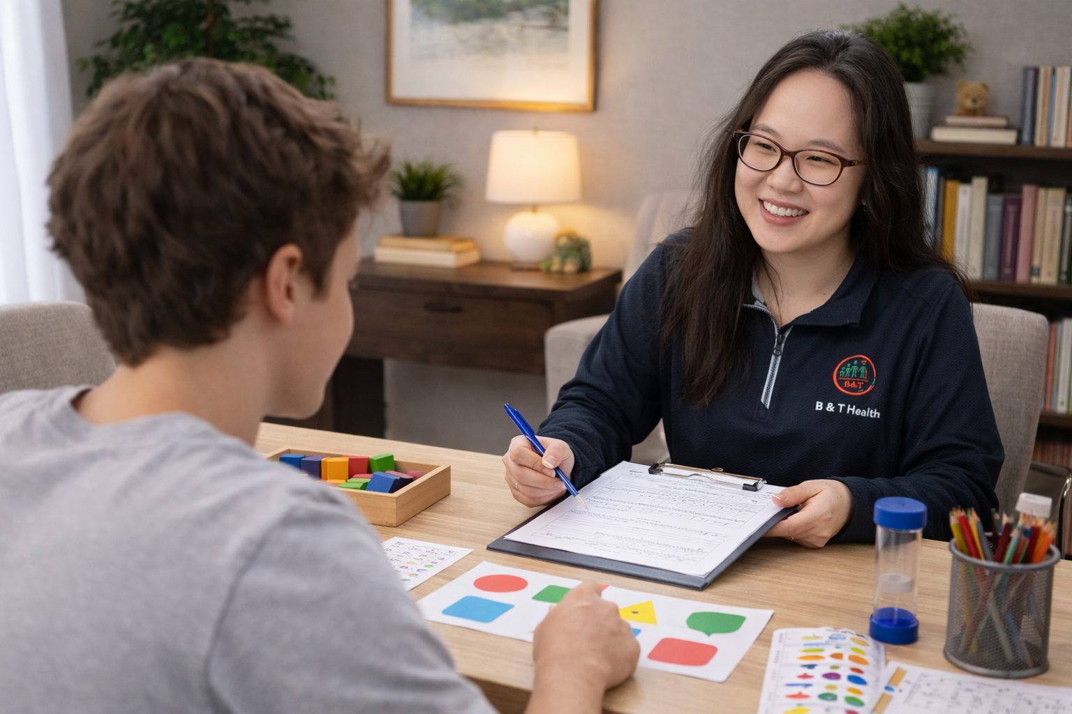 A healthcare professional sits across from a young male patient in an office setting, engaging in a therapy or assessment session. The professional, wearing a navy blue shirt with a logo that reads 'B & T Health,' holds a clipboard and a pen, smiling at the patient. The patient has colorful educational toys and therapy materials on the table, including shape cards and sticky notes, indicating a developmental or therapeutic activity.