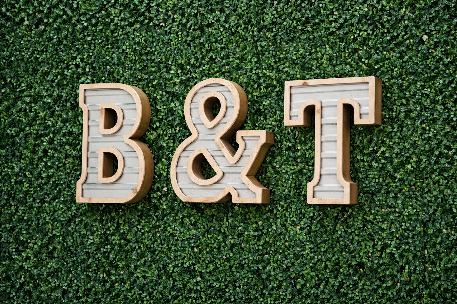Wooden letters spelling 'BOOK' on a green leafy wall.