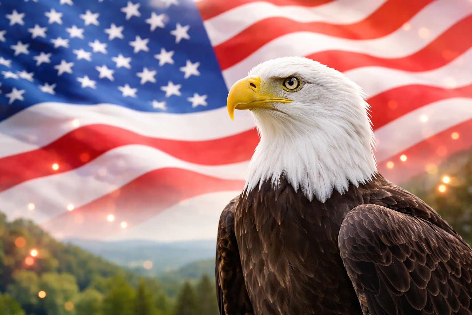 A bald eagle stands in front of a waving American flag with a scenic landscape in the background.