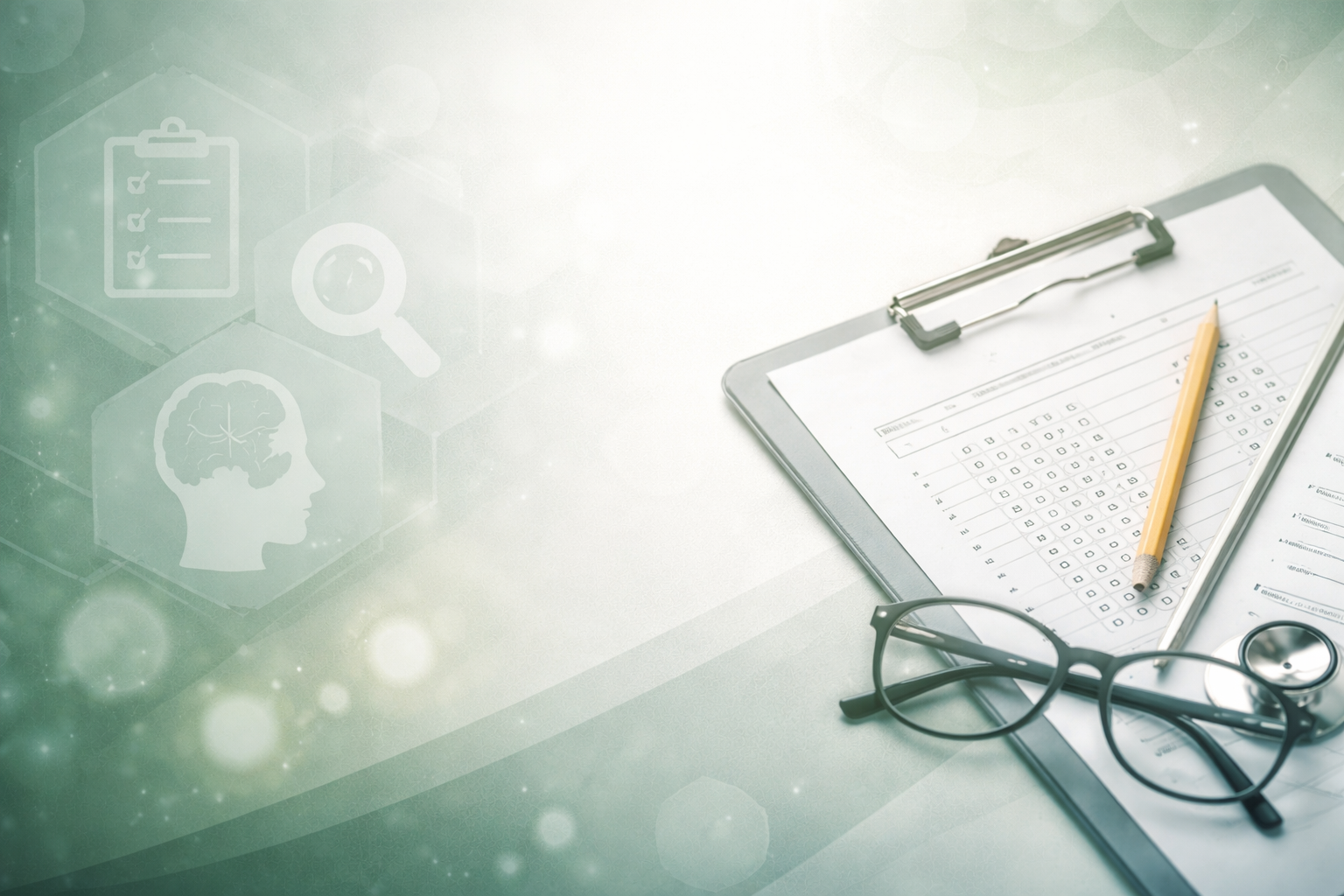 Medical prescription form on a clipboard with a pen, eyeglasses, and a stethoscope on a desk, with medical icons overlayed in the background.