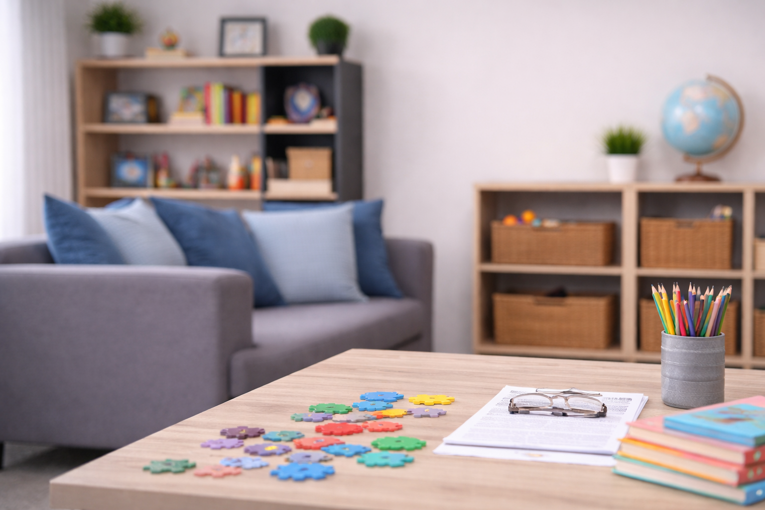 Living room with a wooden table, colorful puzzle pieces, a stack of books, and a container of colored pencils. In the background, a gray sofa with blue pillows, a wooden bookshelf with decorative items, and a globe on a shelf.