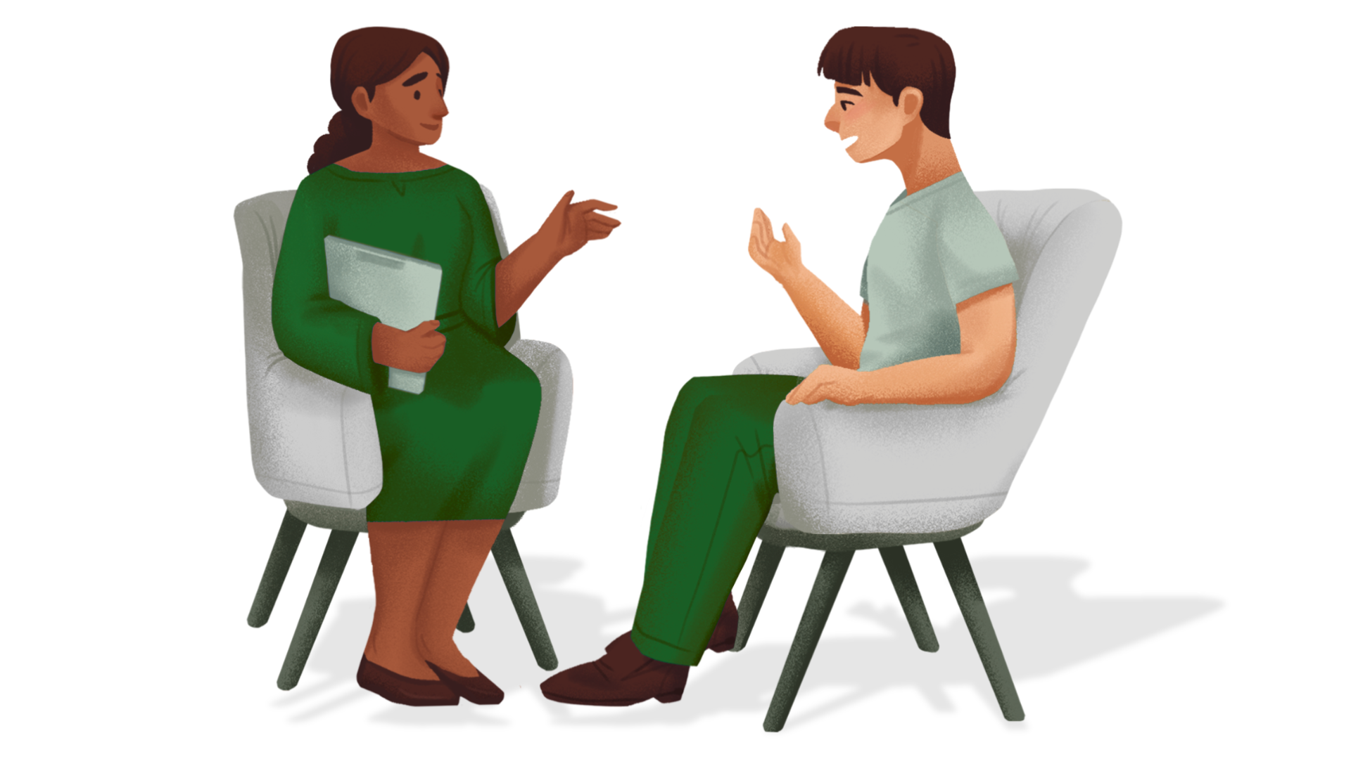 A woman therapist and a male patient sitting in chairs, engaging in a conversation, with the therapist holding a folder.