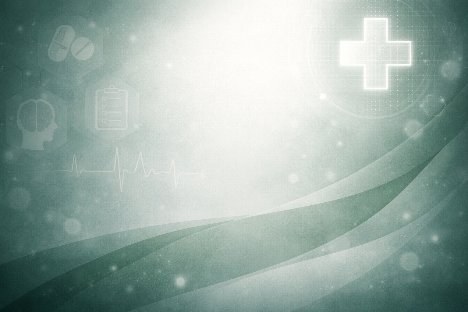 Digital health or medical background with healthcare icons, a heart rate line, and a cross symbol.