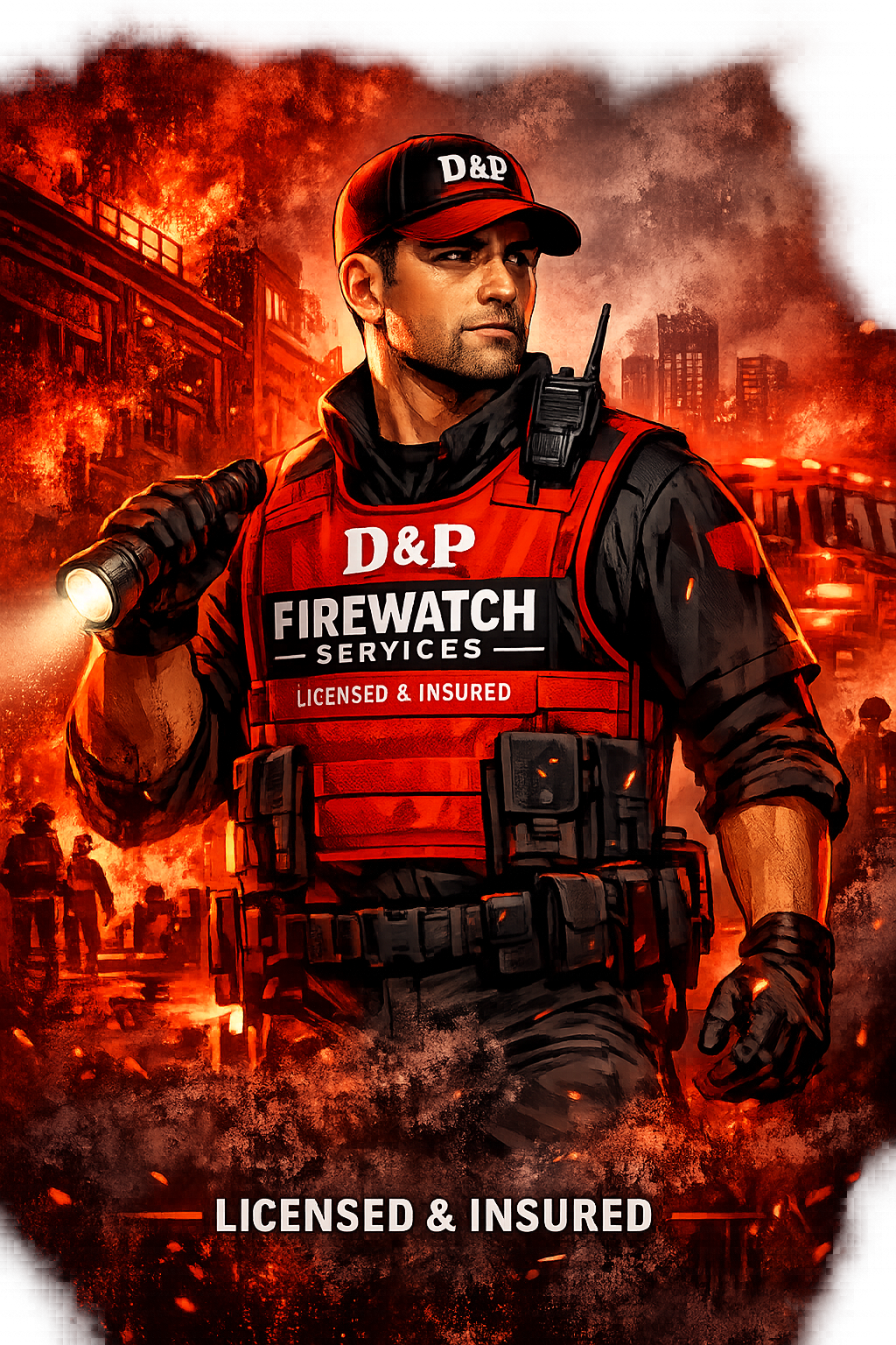 A firefighter in protective gear holding a flashlight, with burning buildings and smoke in the background.