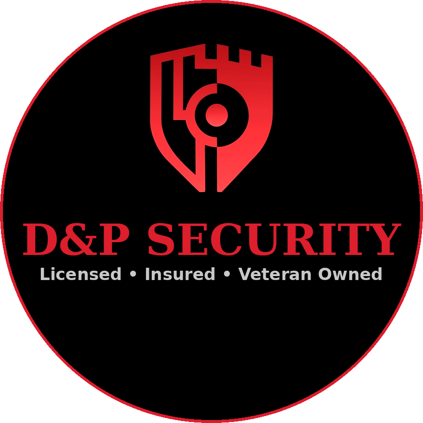 D&P Security logo featuring a shield with a keyhole and circuit-like design, with text indicating it's licensed, insured, and veteran owned.