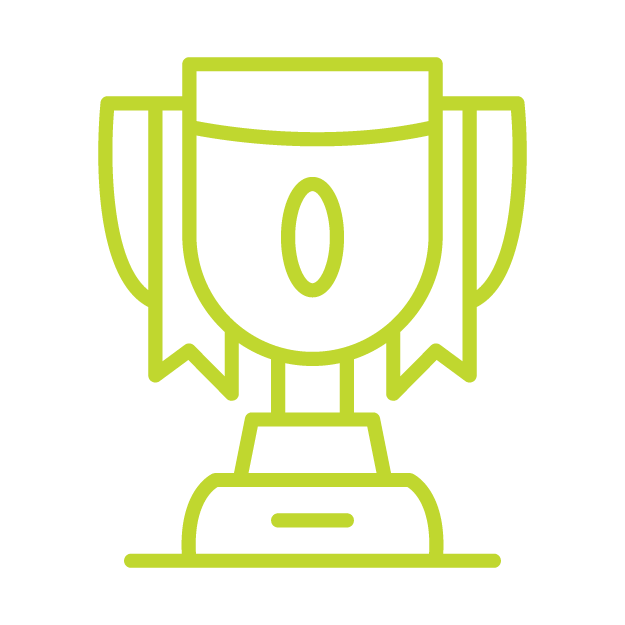 Green trophy cup with ribbons on a base.