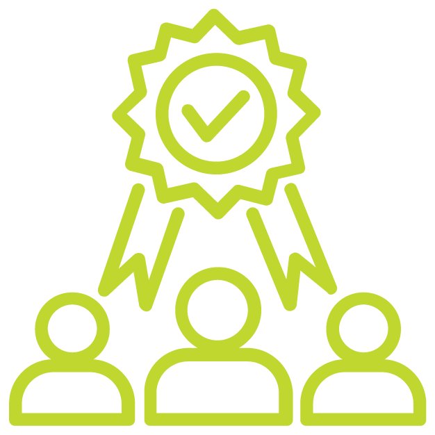 An award ribbon with a check mark surrounded by a starburst shape, and three people below it.