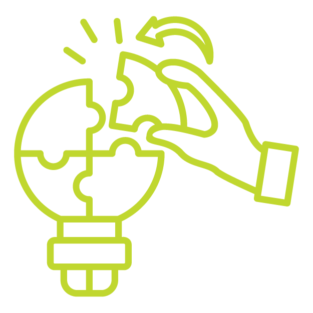 A line drawing of a hand assembling a puzzle piece into a globe with a lightbulb base, symbolizing ideas related to global innovation and problem solving.