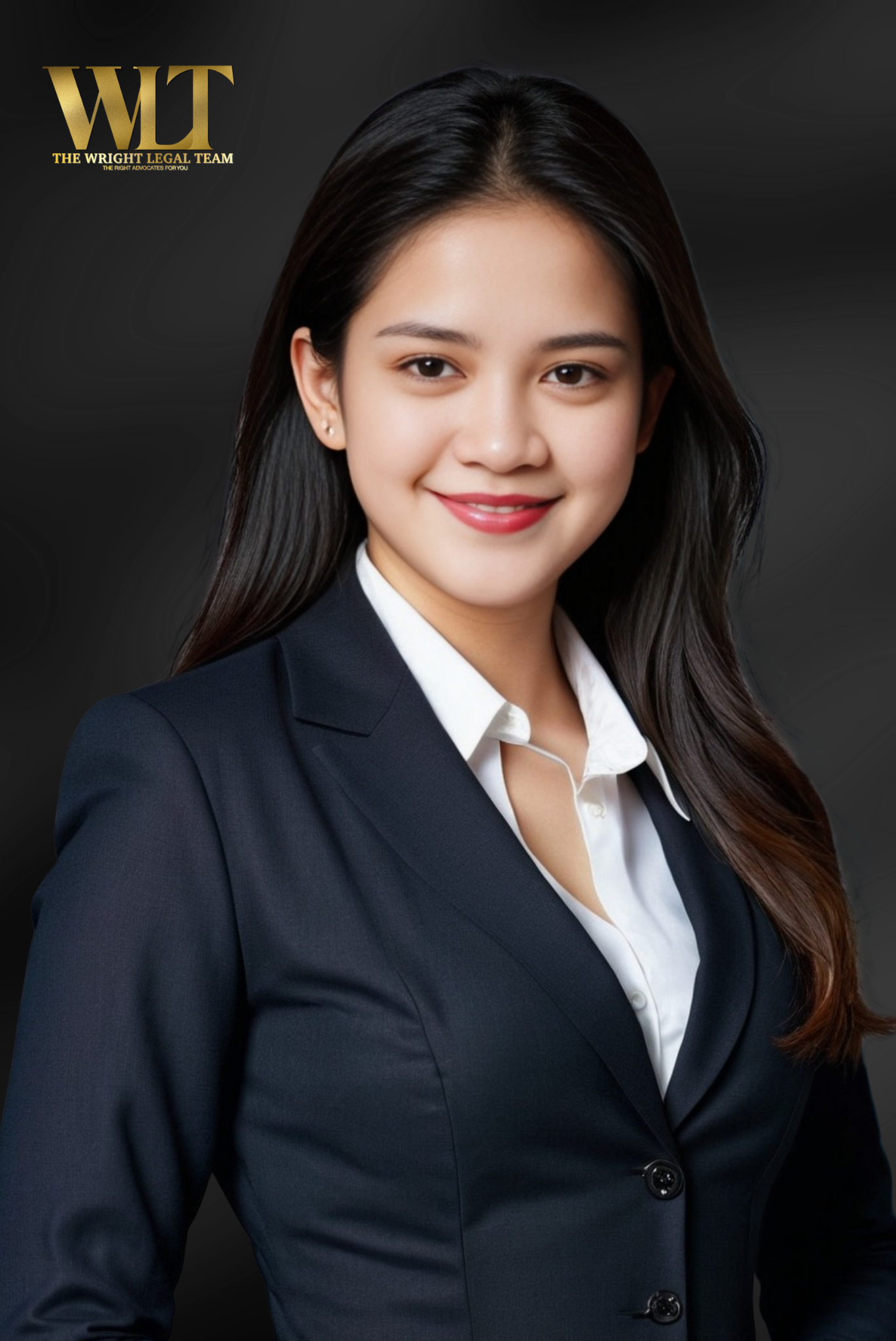 Professional woman with long dark hair wearing a navy blazer and white blouse, smiling against a dark background. Logo in the upper left corner reads 'WT' and 'The Wright Legal Team'.