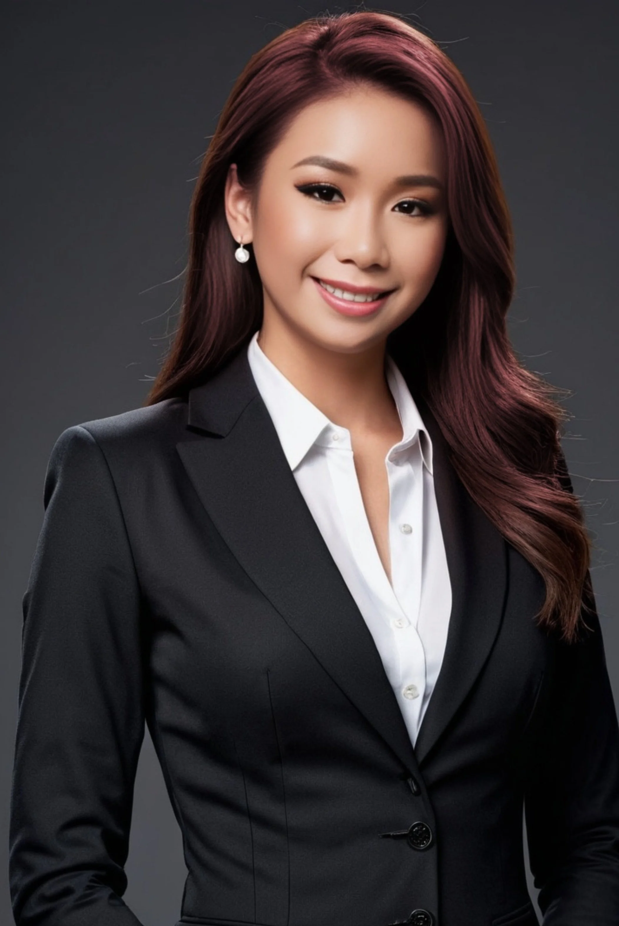 Professional woman with long, wavy hair wearing a black blazer, white shirt, and pearl earrings, smiling against a dark background.