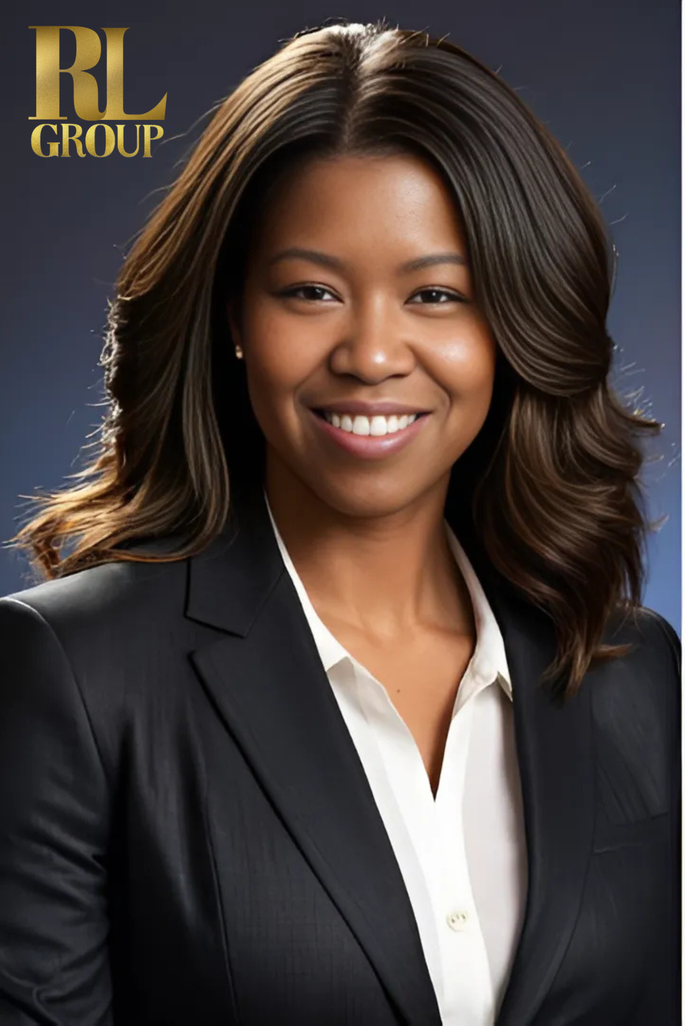 Professional portrait of a smiling woman with shoulder-length wavy hair, wearing a black blazer over a white blouse, against a dark background.