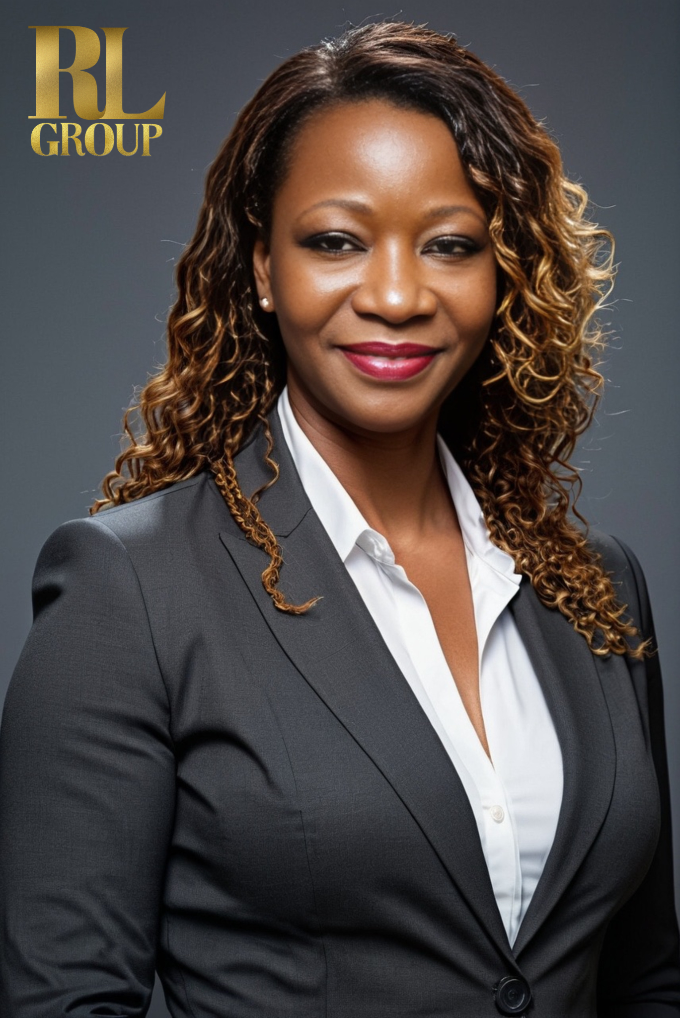A professional woman wearing a dark gray blazer and white shirt, smiling with makeup and curly hair, standing against a gray background with the RL Group logo in gold in the top left corner.