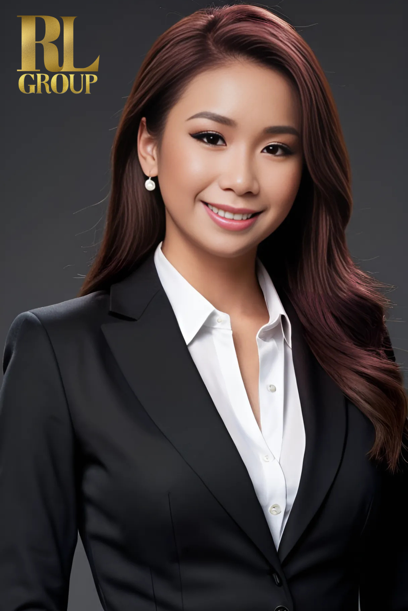 A professional woman with long wavy burgundy hair, wearing a black blazer and white shirt, smiling against a dark background with the logo 'RL GROUP' in gold in the top left corner.