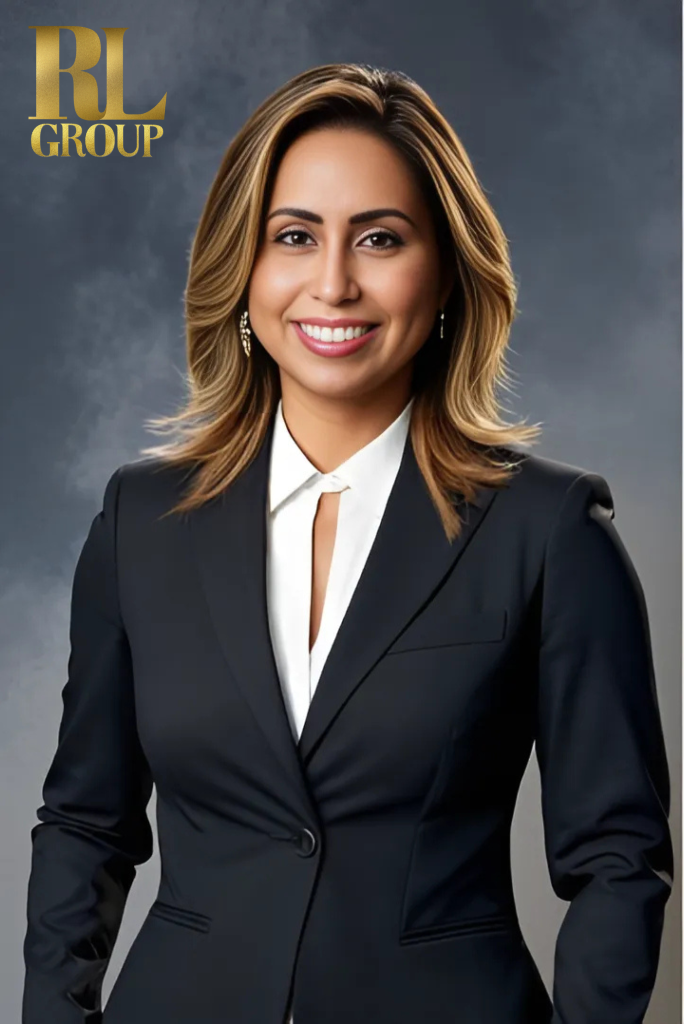 Professional woman with shoulder-length hair smiling, dressed in a black blazer and white shirt, standing against a gray background with RL Group logo.