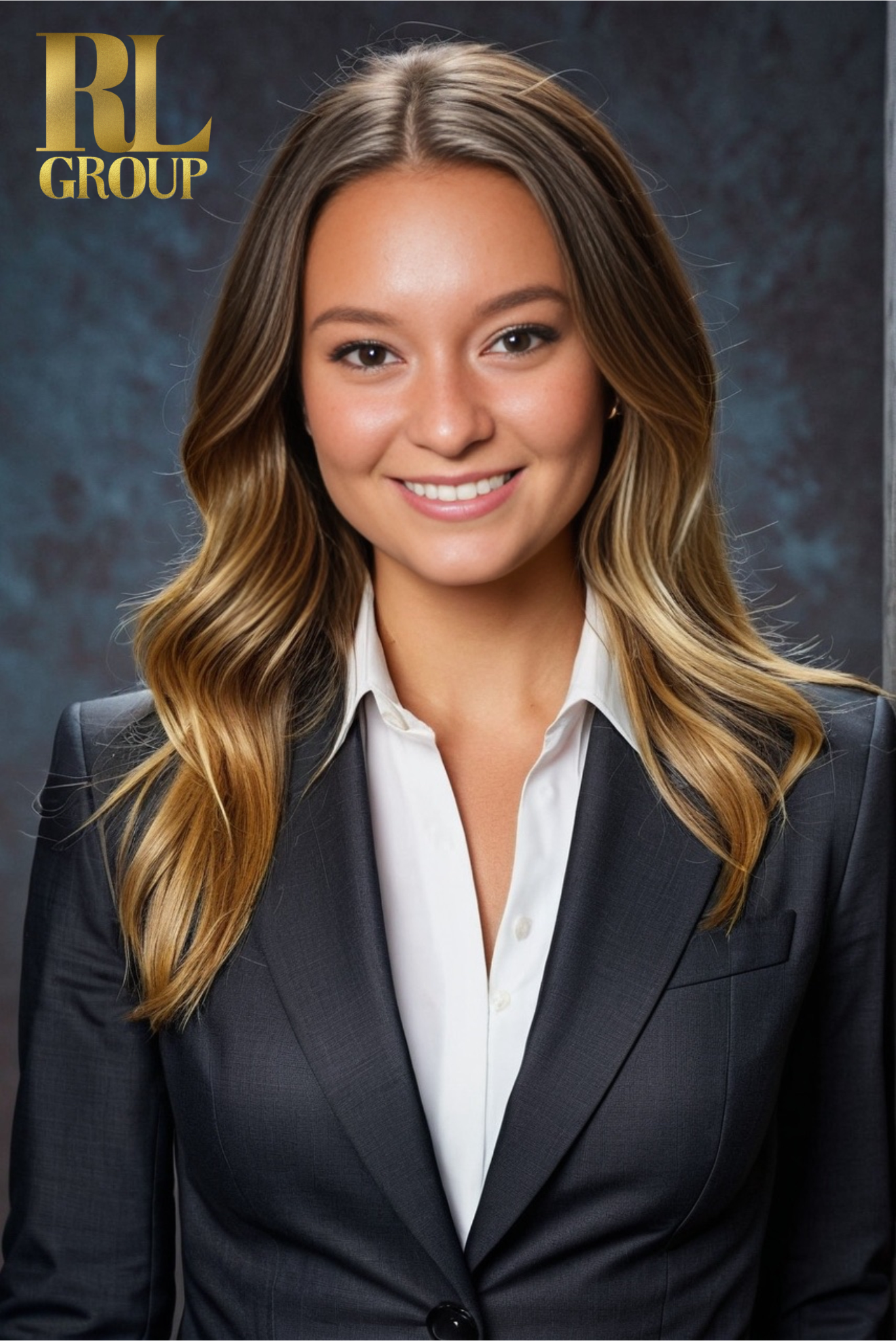 A professional woman with long wavy blonde hair, wearing a dark suit jacket and a white shirt, smiling at the camera against a blue and grey marbled background with a gold RL Group logo in the top left corner.