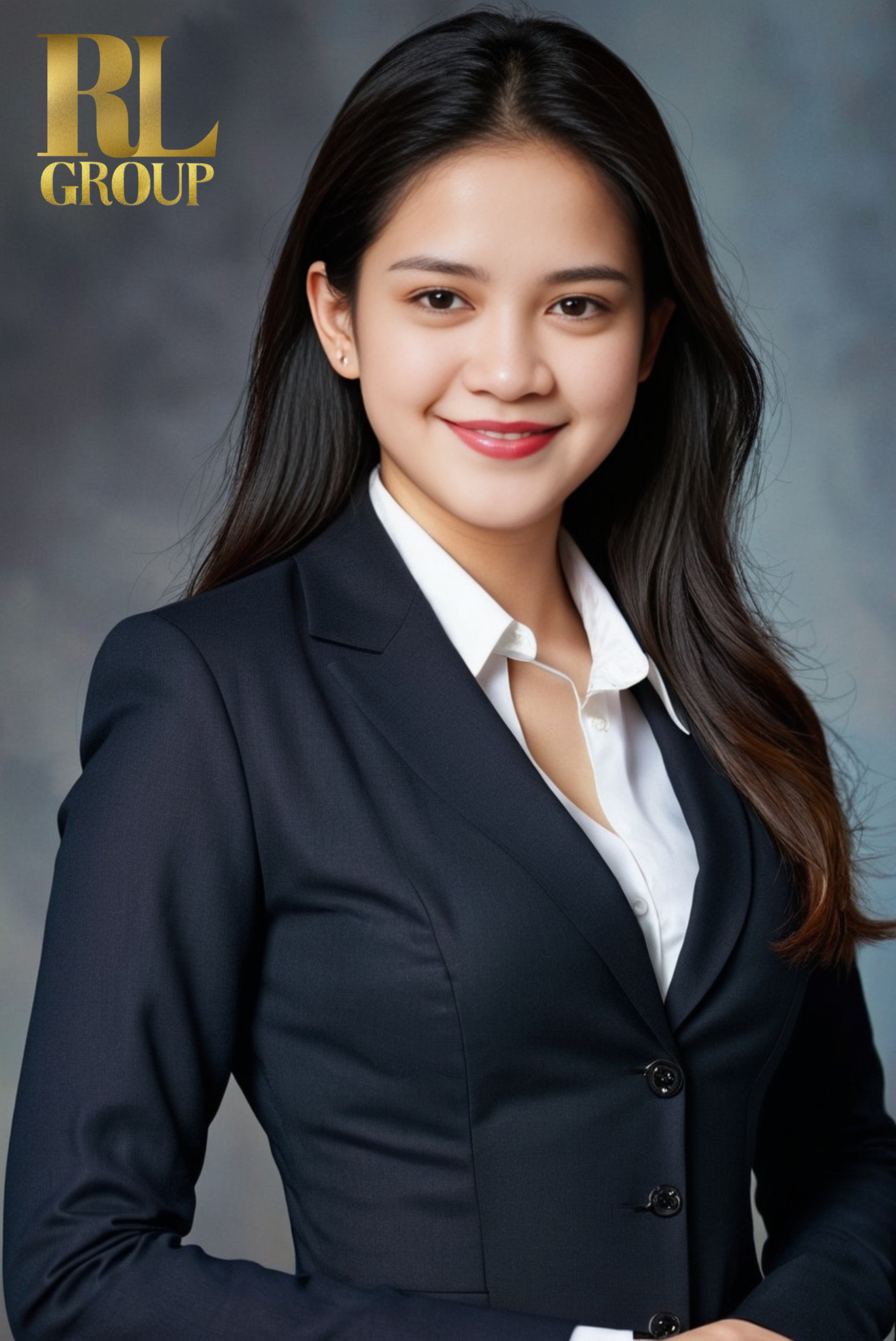 Professional woman in a navy blazer and white shirt smiling at the camera, with a gradient gray background and gold text saying 'RL GROUP' in the upper left corner.