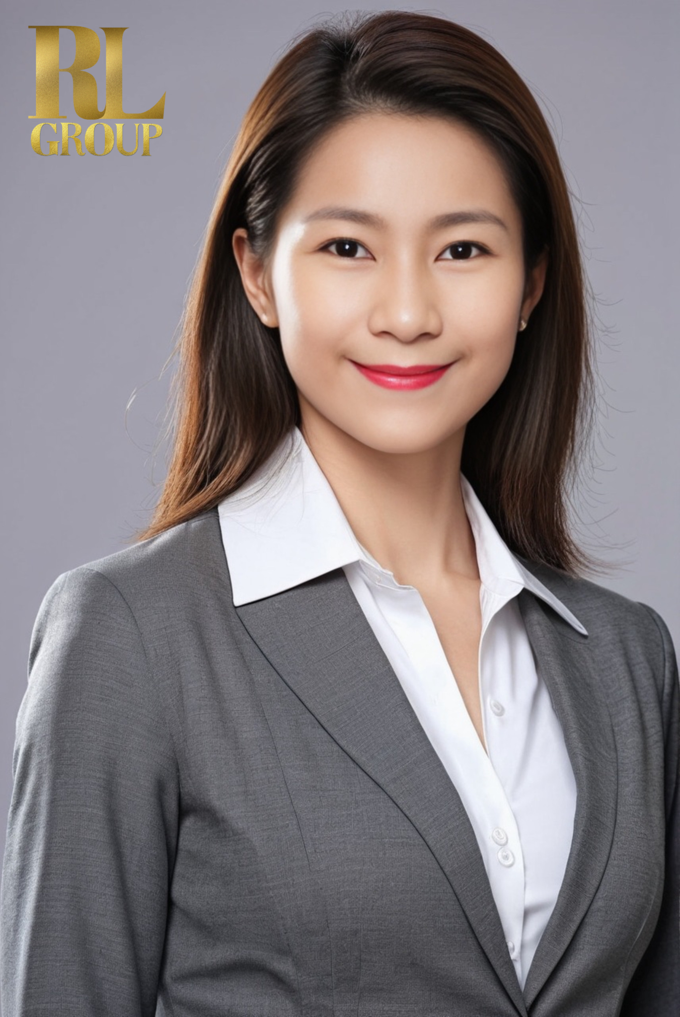 Professional woman in gray suit and white blouse smiling against gray background, with RL Group logo in gold in the top left corner.
