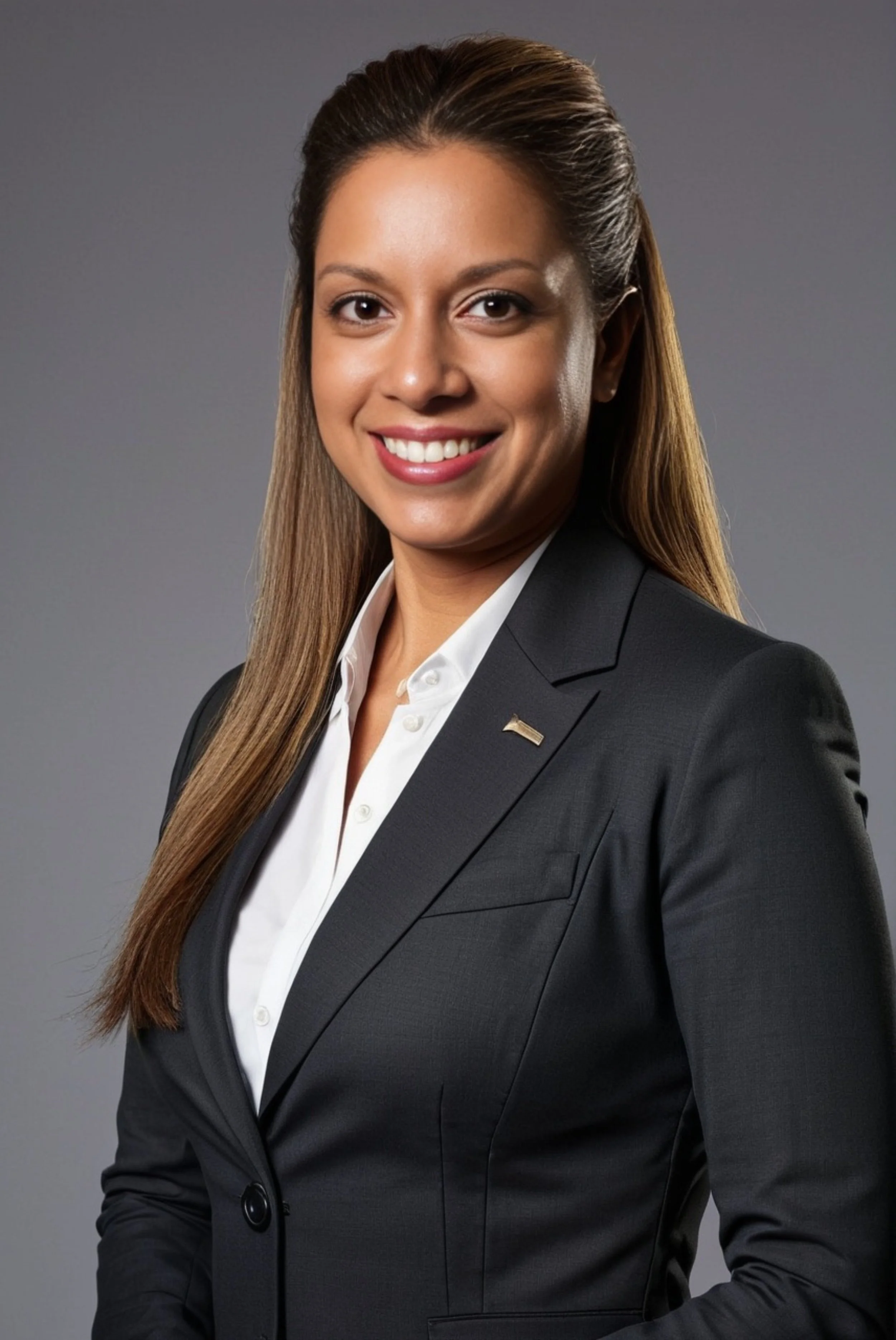 Professional woman in a black suit with a white shirt, smiling, against a neutral background.