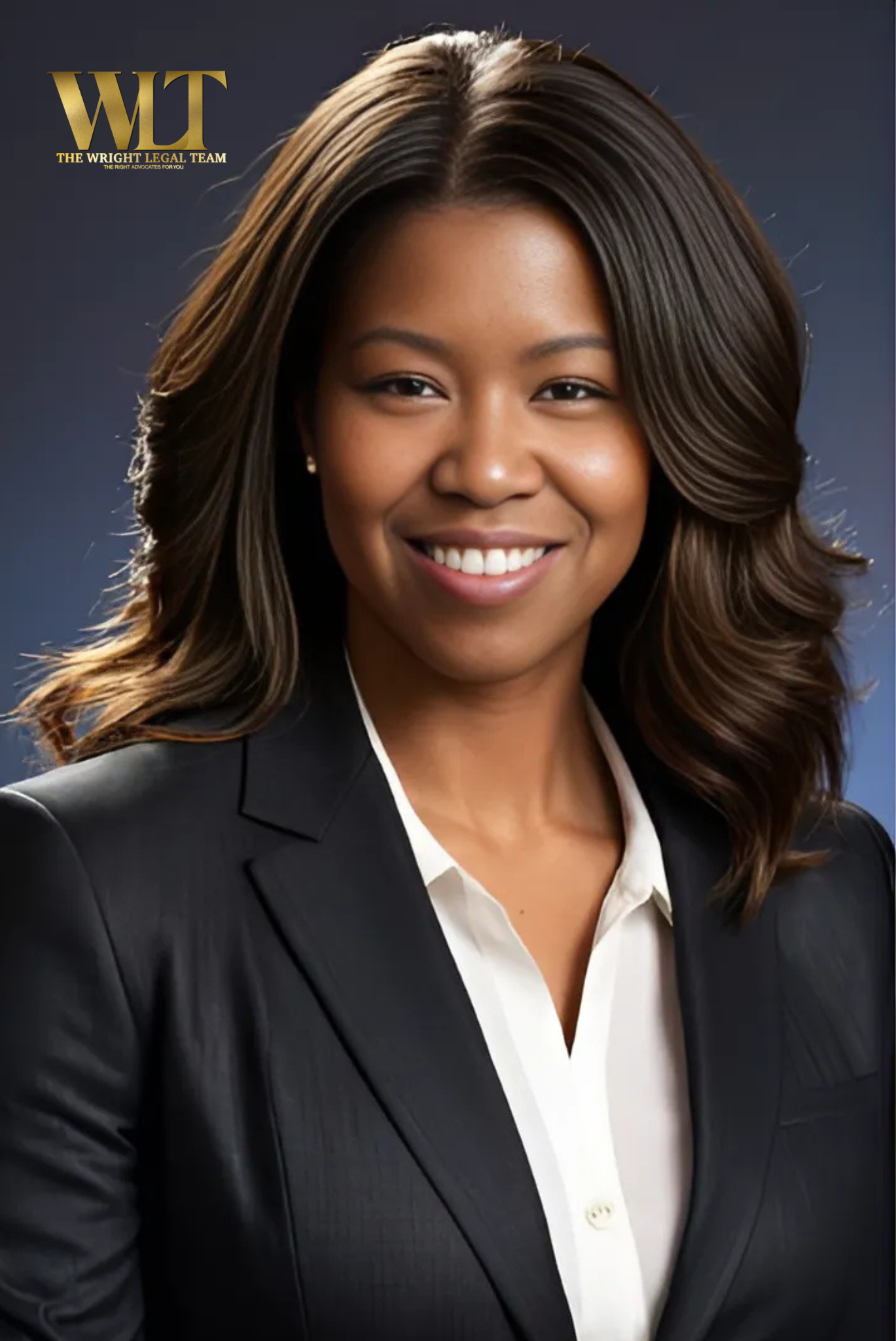 Professional portrait of a young African American woman with shoulder-length wavy hair, smiling, dressed in a black blazer and white shirt, with a gray background and a logo in the top left corner that says 'WT THE WRIGHT LEGAL TEAM'.