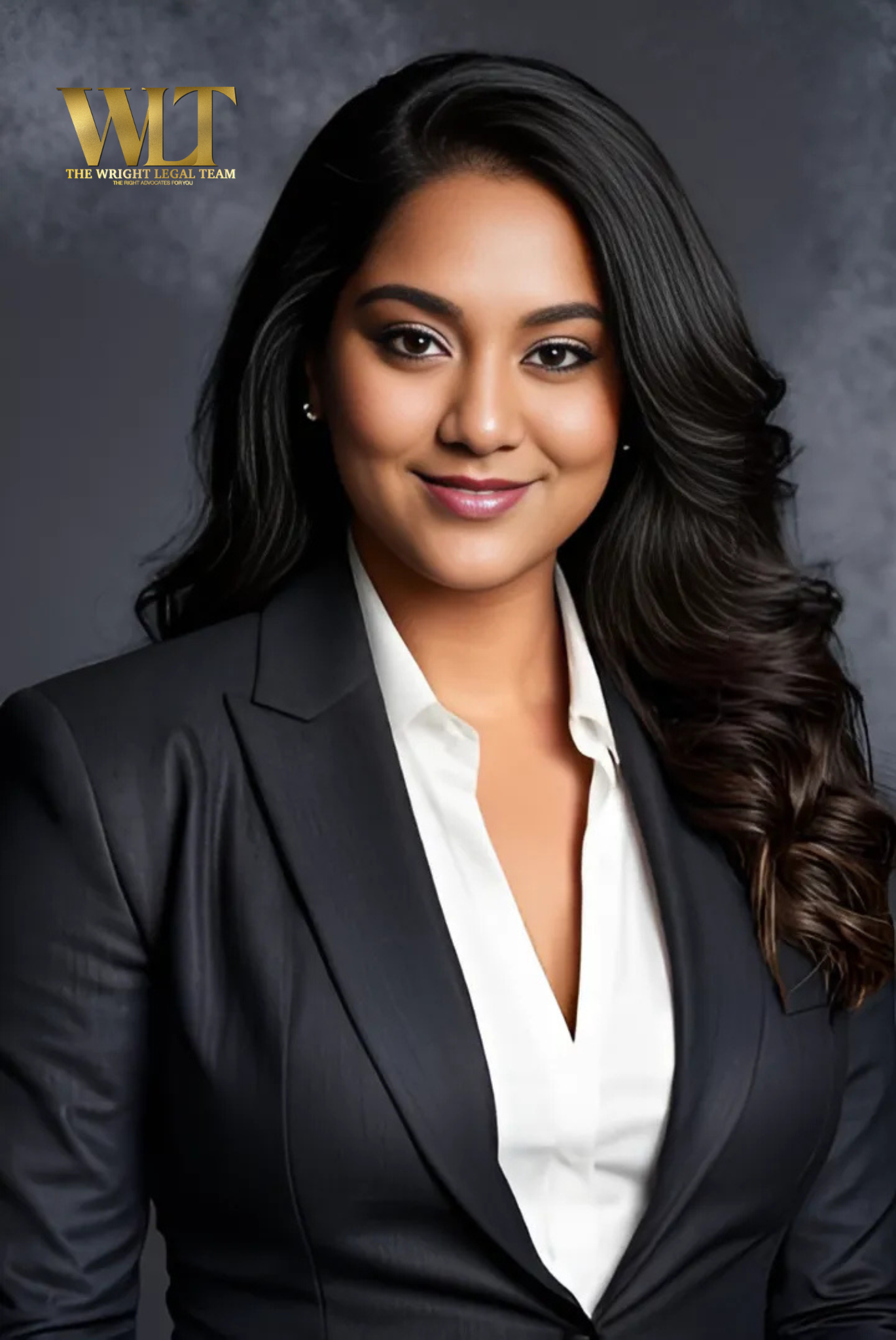 Professional headshot of a woman with long dark hair, wearing a black blazer and white shirt, smiling against a gray background with a gold logo reading 'WT The Wright Legal Team' in the upper left corner.
