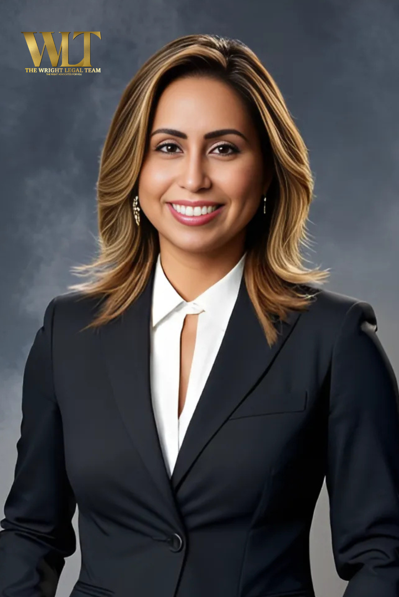 Professional woman with shoulder-length hair wearing a black blazer and white blouse, smiling in a studio portrait with a gray background, with a gold logo in the top left corner reading "WT The Wright Legal Team".