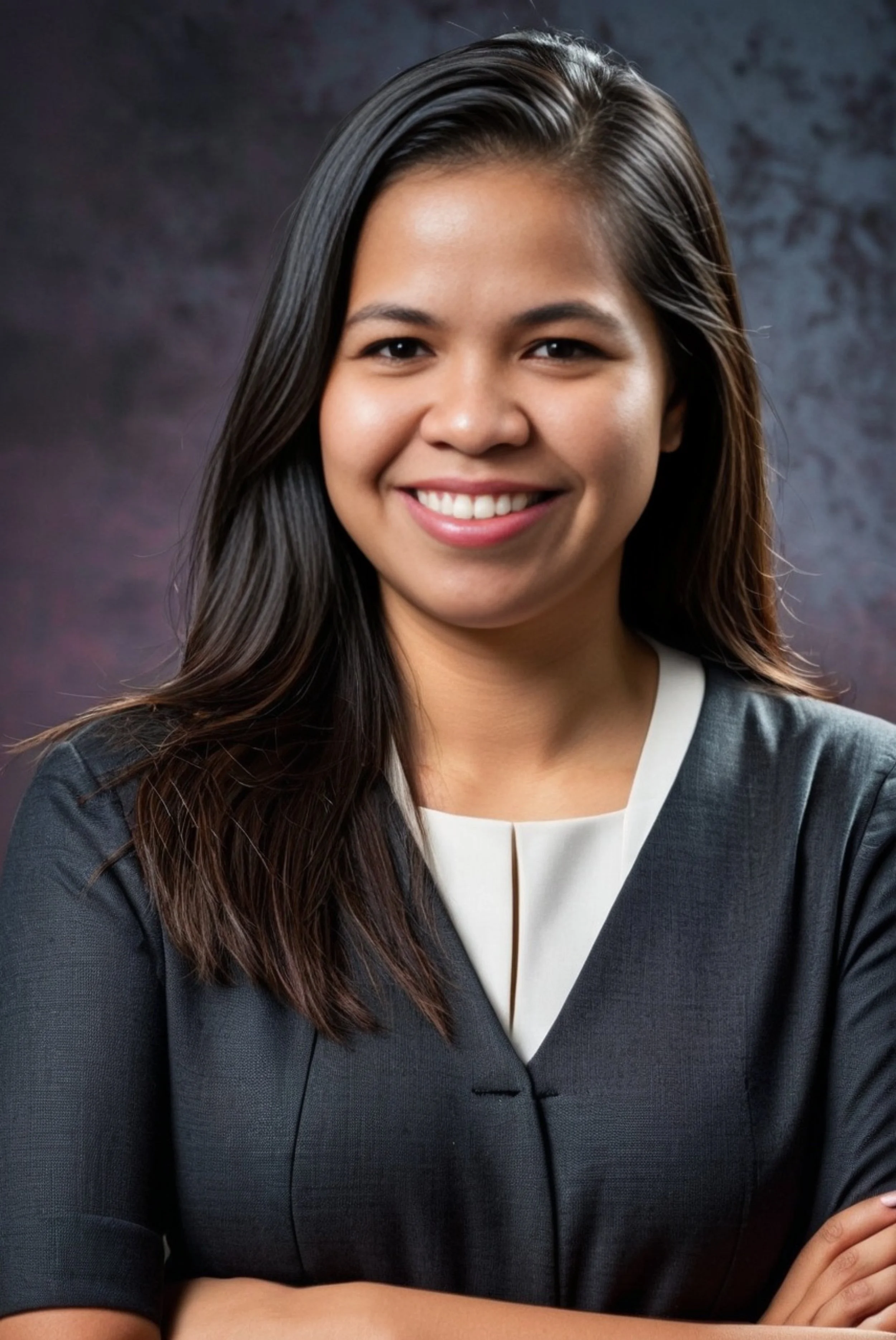 A young woman with long dark hair, smiling, wearing a black blazer over a white blouse, arms crossed, against a dark, textured background.