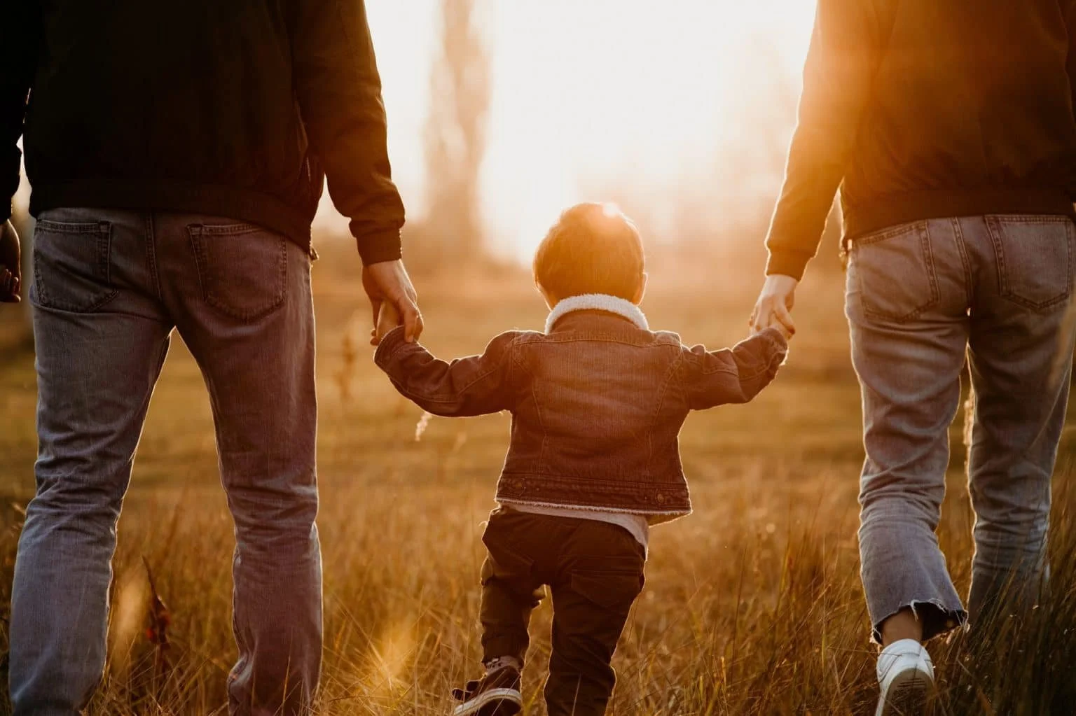 A child holding hands with two adults, walking through a field at sunset.
