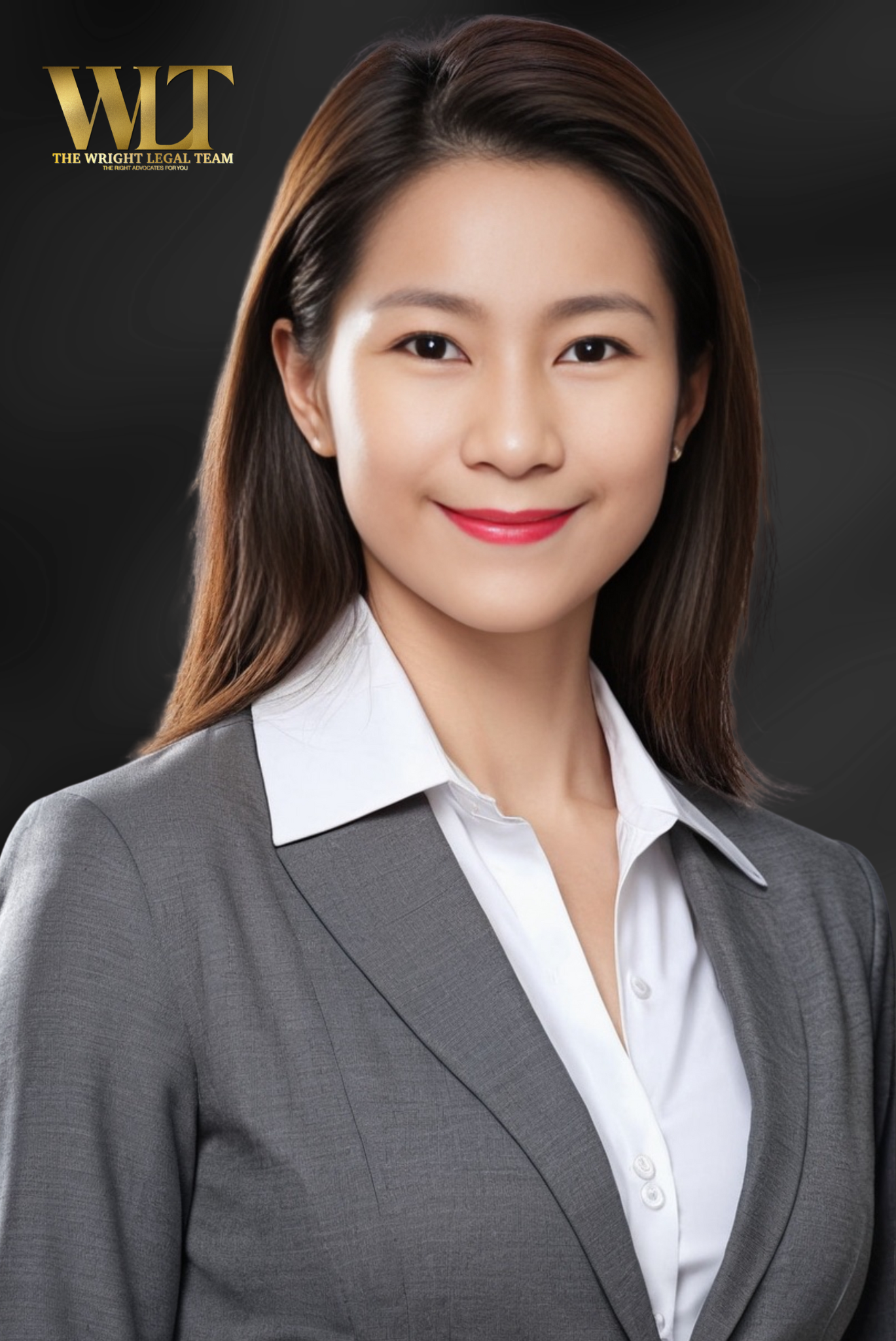 A professional woman with shoulder-length brown hair, wearing a gray suit jacket and white blouse, smiling against a black background with the logo 'WT' for The Wright Legal Team in gold in the upper left corner.