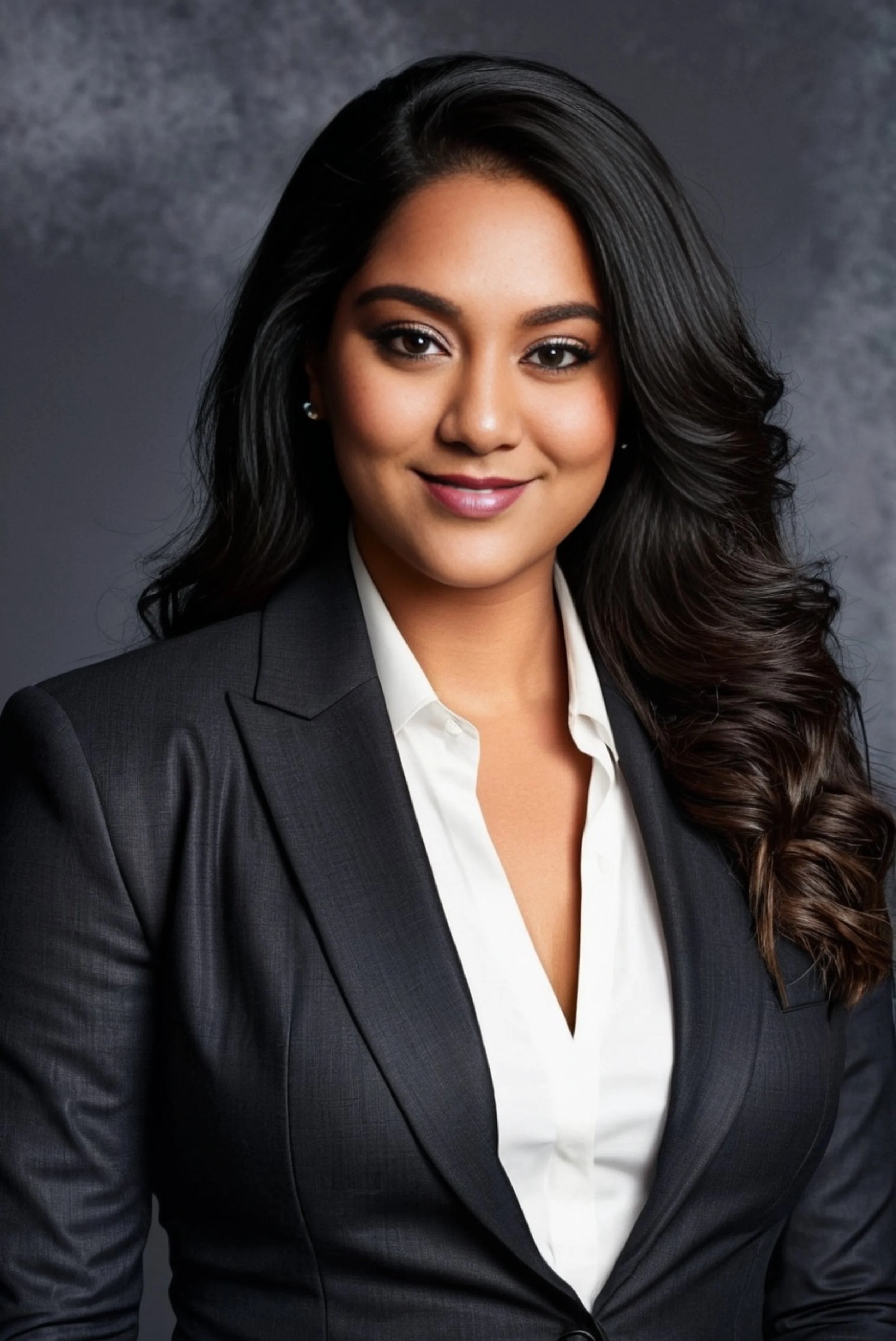 Professional woman with long, dark wavy hair, wearing a dark blazer and white shirt, smiling in a studio portrait against a gray textured background.