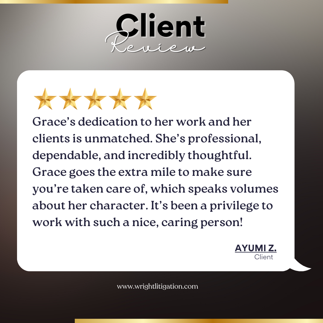 Client review with five gold stars, praising Grace's dedication, professionalism, reliability, and caring nature, signed by Ayumi Z.