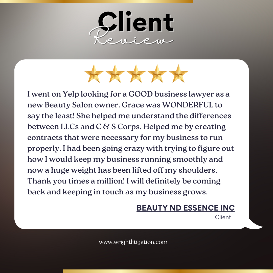 A five-star client review for a beauty salon with a testimonial about legal and contract support, signed by Beauty and Essence Inc, with the website www.wrightlitigation.com.