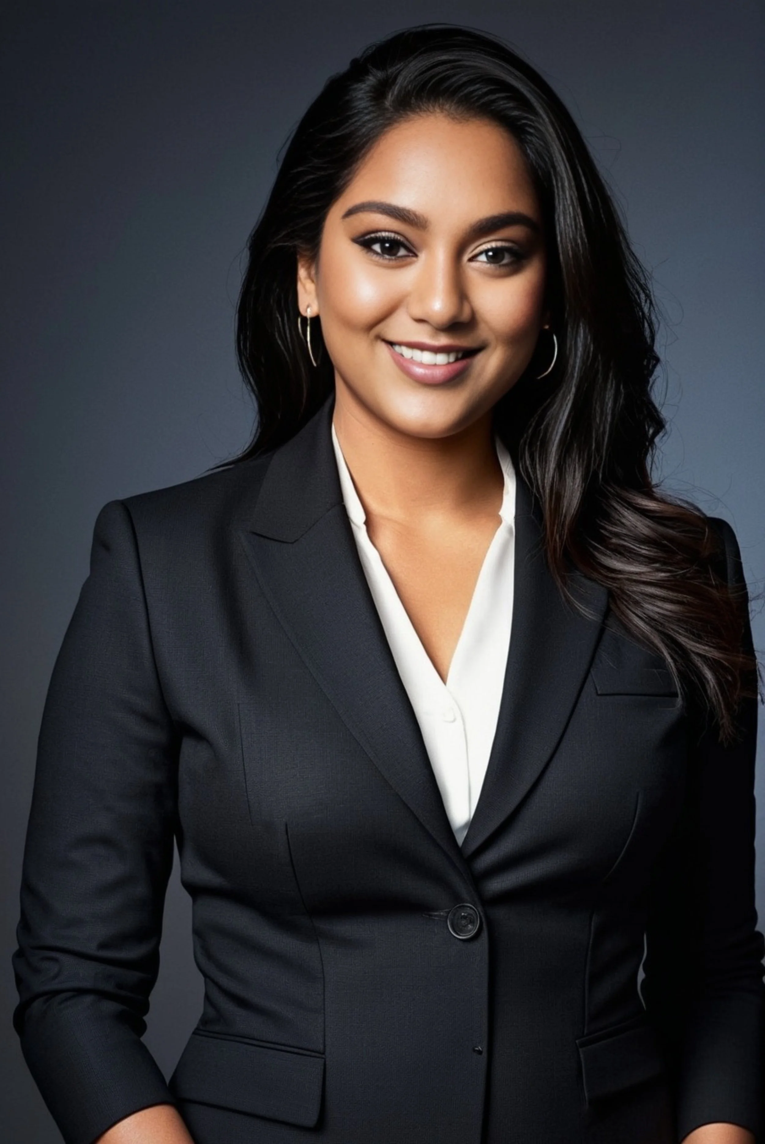 Professional woman with dark hair, wearing a black blazer and white blouse, smiling against a dark gradient background.