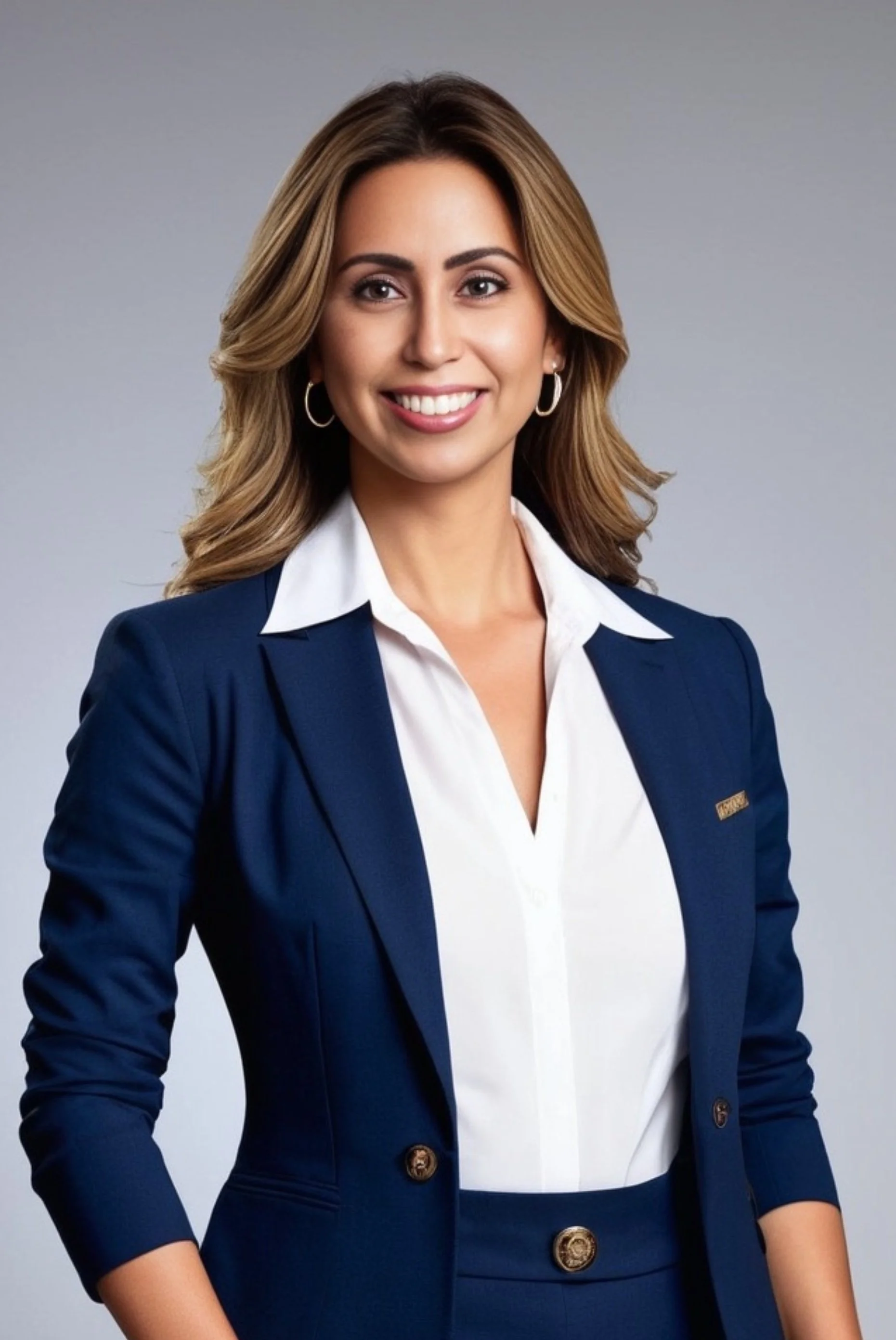 A woman with shoulder-length, wavy, light brown hair and light skin. She's smiling, wearing a white collared shirt and a navy blue blazer with gold buttons. She has hoop earrings and is standing against a plain gray background.