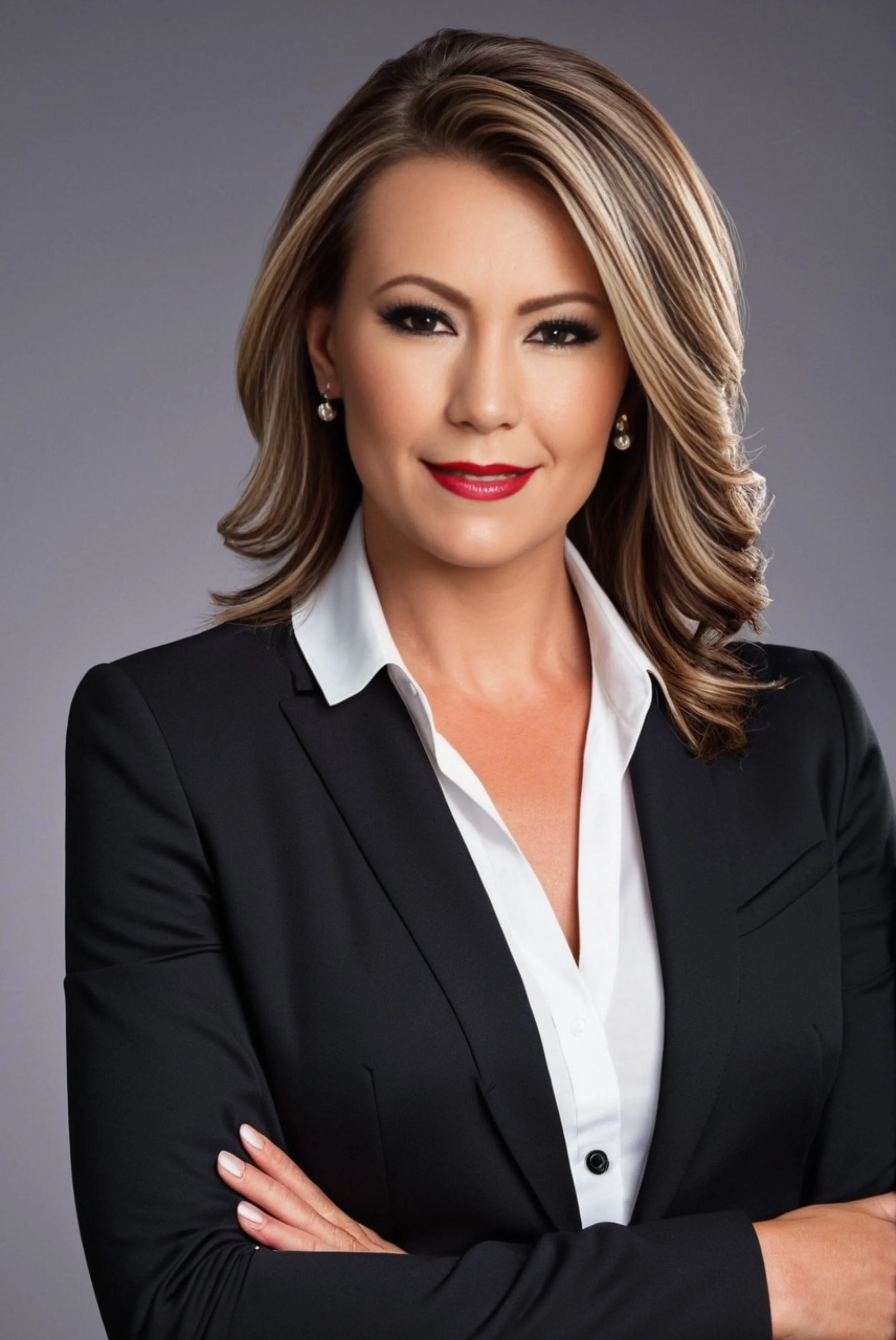 Professional woman with shoulder-length blonde hair, wearing a black blazer over a white blouse, smiling, against a gray background.