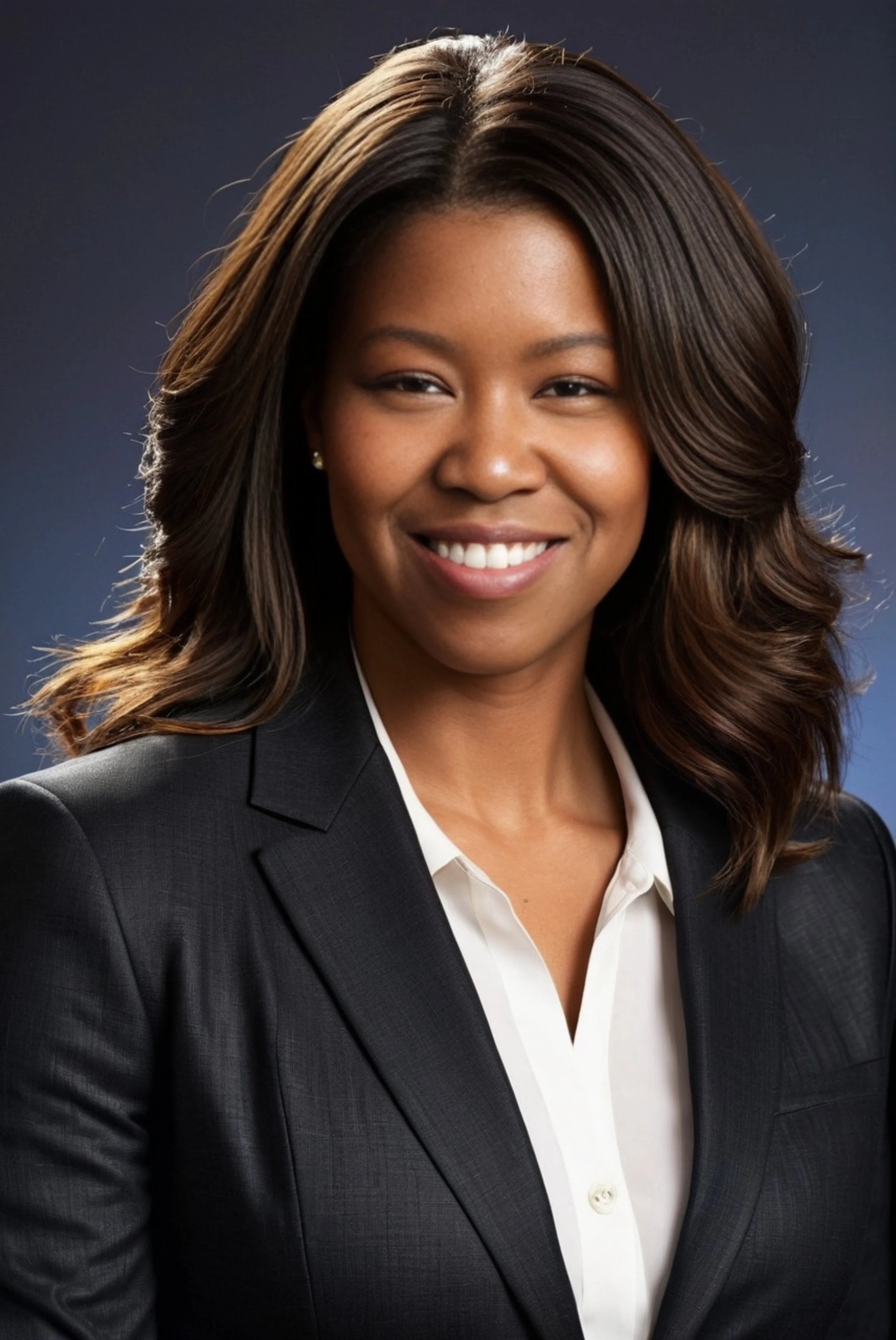 A professional woman with shoulder-length wavy hair wearing a black blazer and white blouse, smiling at the camera against a dark gradient background.