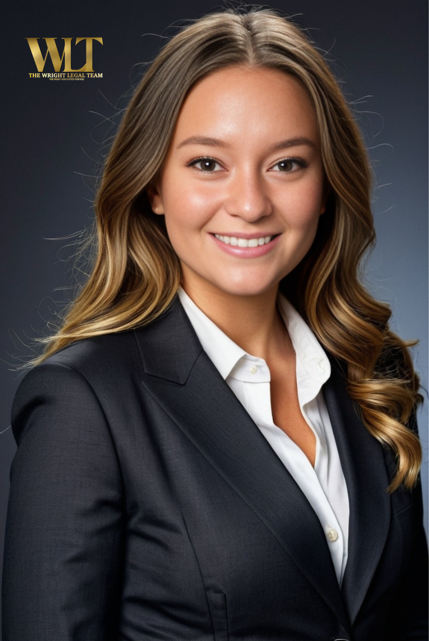 Professional headshot of a smiling woman in a black blazer and white blouse, with long, wavy blonde hair. The background is dark with a logo reading "WT The Wright Legal Team" in the top left corner.