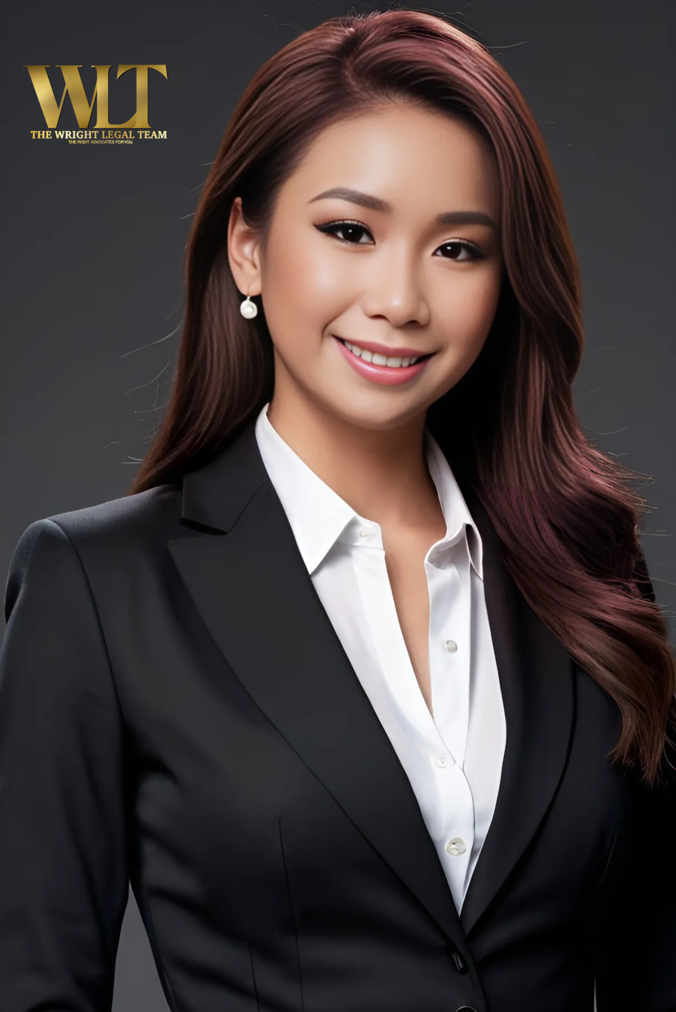 A professional woman with long wavy hair wearing a black blazer and white shirt, smiling against a dark background with a gold 'WT' logo in the upper left corner.