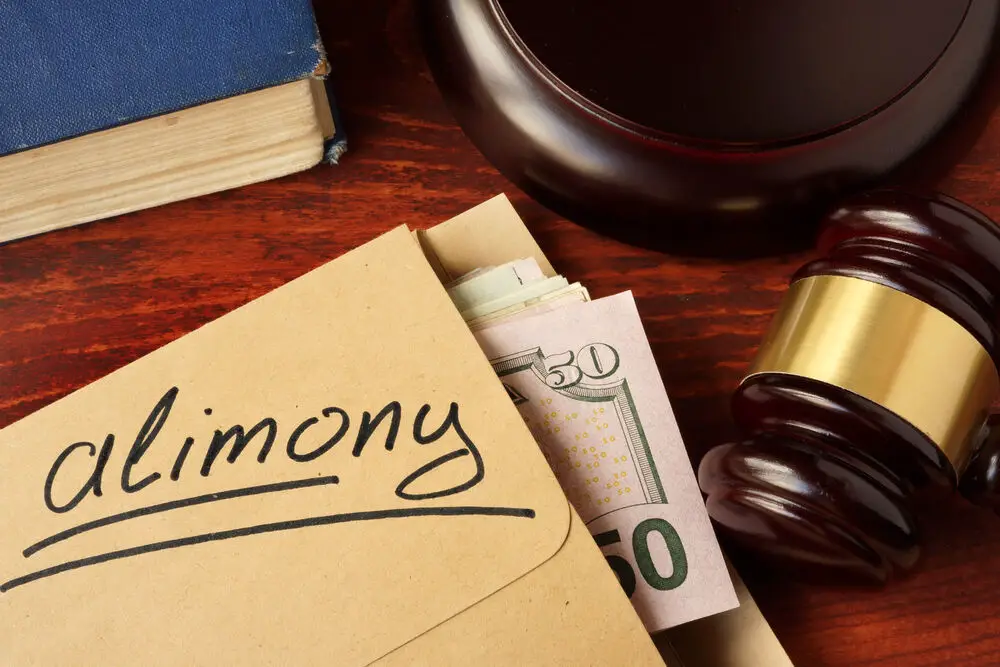 A legal folder labeled 'alimony' with folded currency notes, a wooden gavel, and law books on a wooden surface.