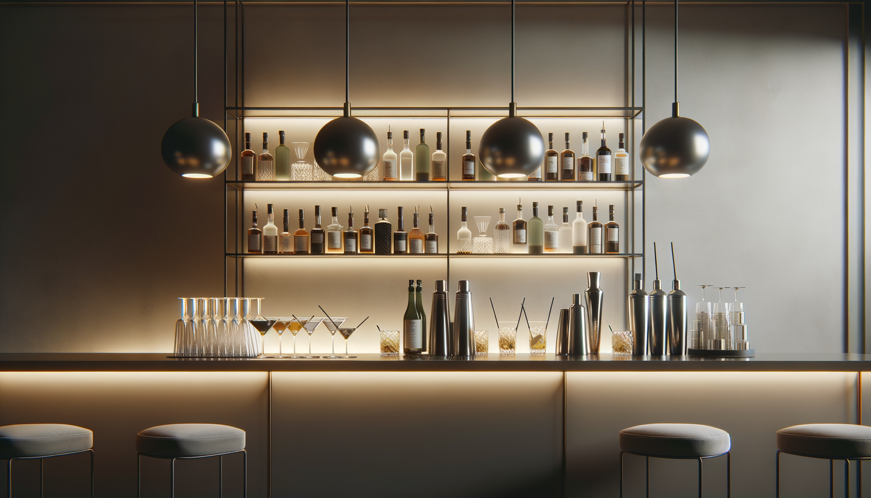 Modern bar with hanging pendant lights, shelves stocked with liquor bottles, a row of cocktail glasses and shakers on the counter, and barstools in front.