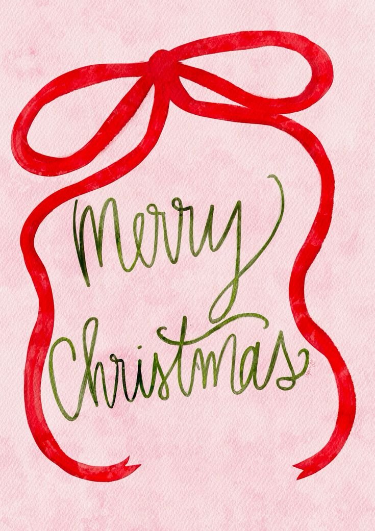 Pink background with a red ribbon tied in a bow and green handwritten text that says 'Merry Christmas'.