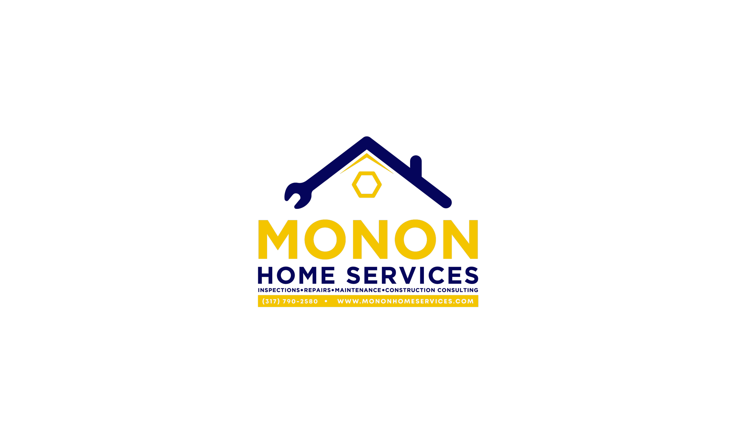 Logo for Monon Home Services featuring a house outline with wrench and hex nut icons, bold yellow and blue text, and contact information for home inspection, repair, maintenance, and construction services.