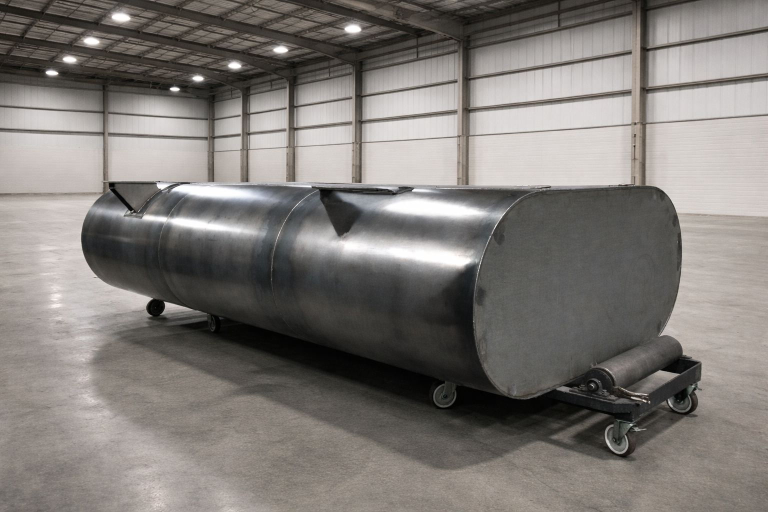 Large industrial flask silencer sitting on a dolley in a warehouse..png