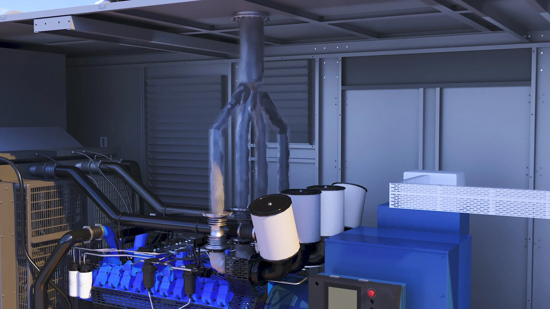Interior of a generator enclosure showing the engine, exhaust piping, and integrated support systems..jpg
