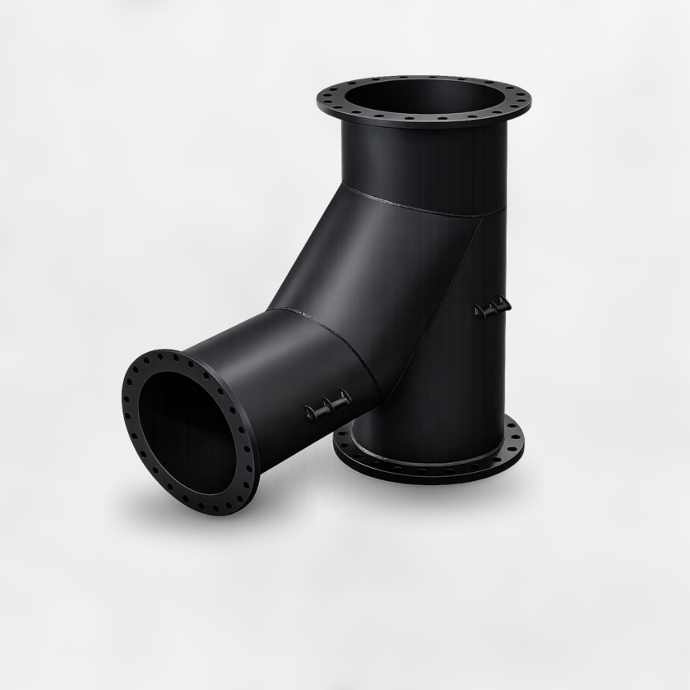 Black industrial pipe fitting with flanged ends on a white background.